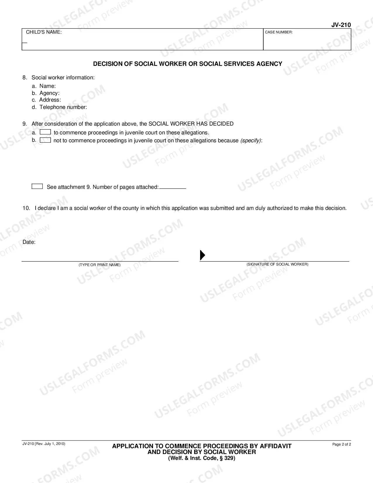 Preview Application to Commence Proceedings by Affidavit and Decision by Social Worker - Welfare and Institutions Code, Section 329