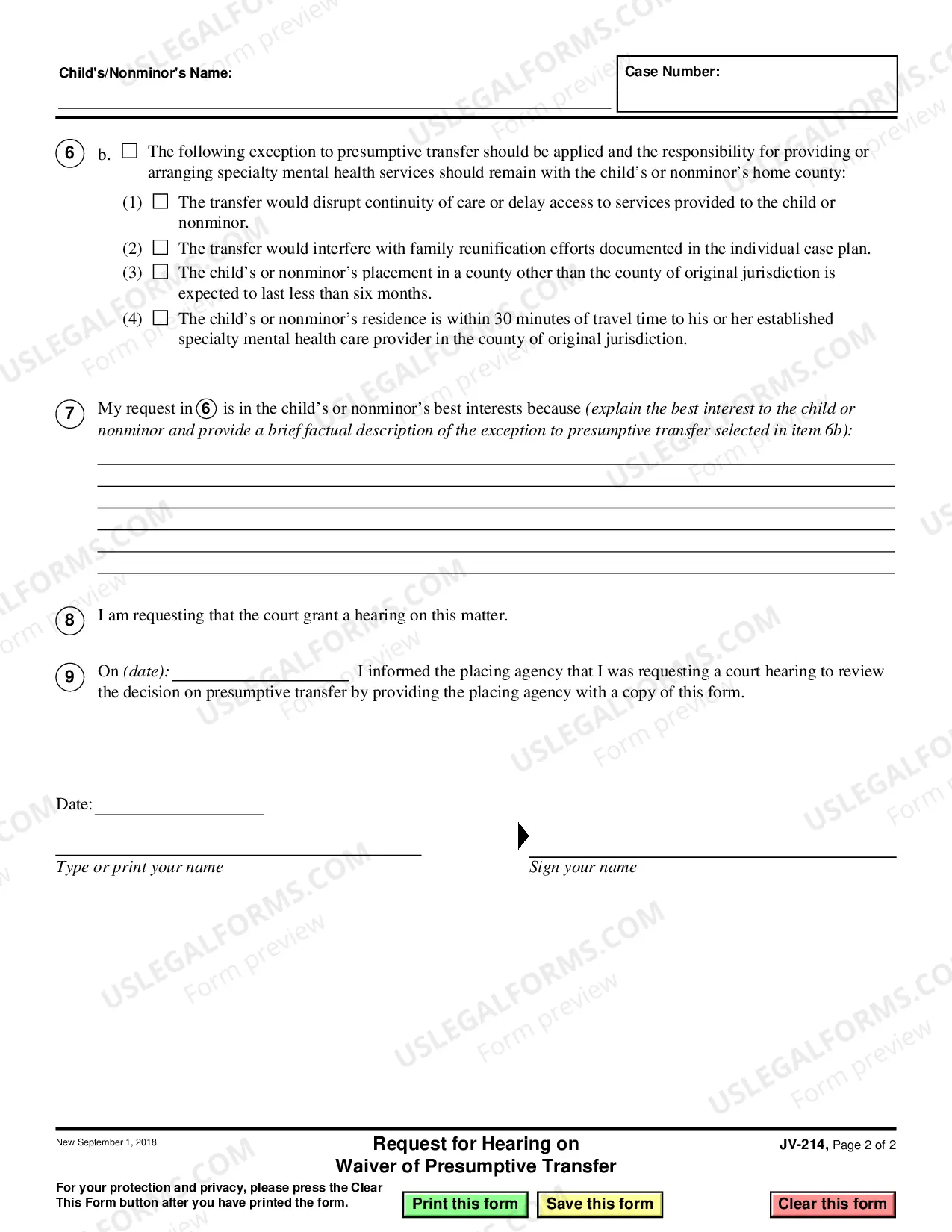 Preview Request for Hearing on Waiver of Presumptive Transfer
