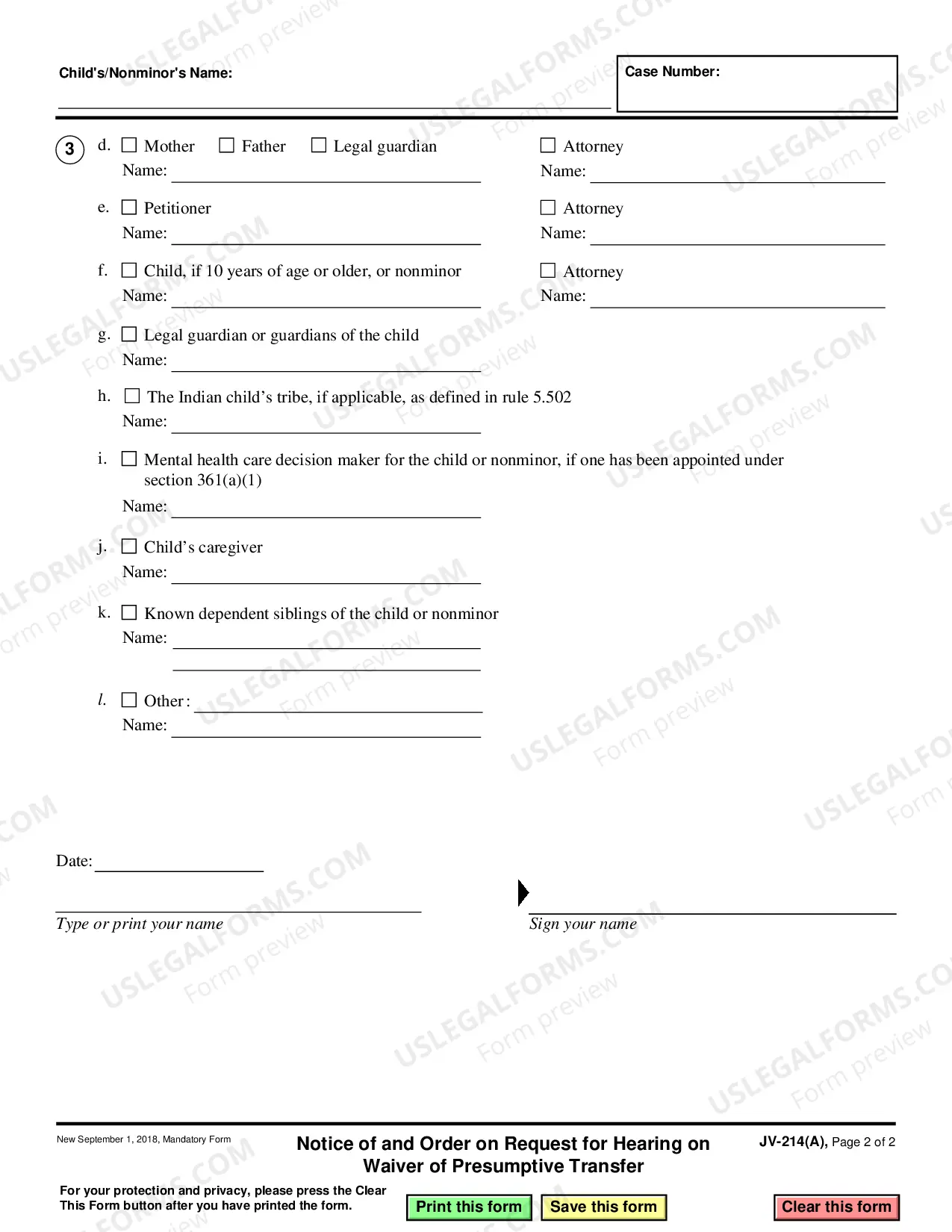 Preview Notice of and Order on Request for Hearing on Waiver of Presumptive Transfer