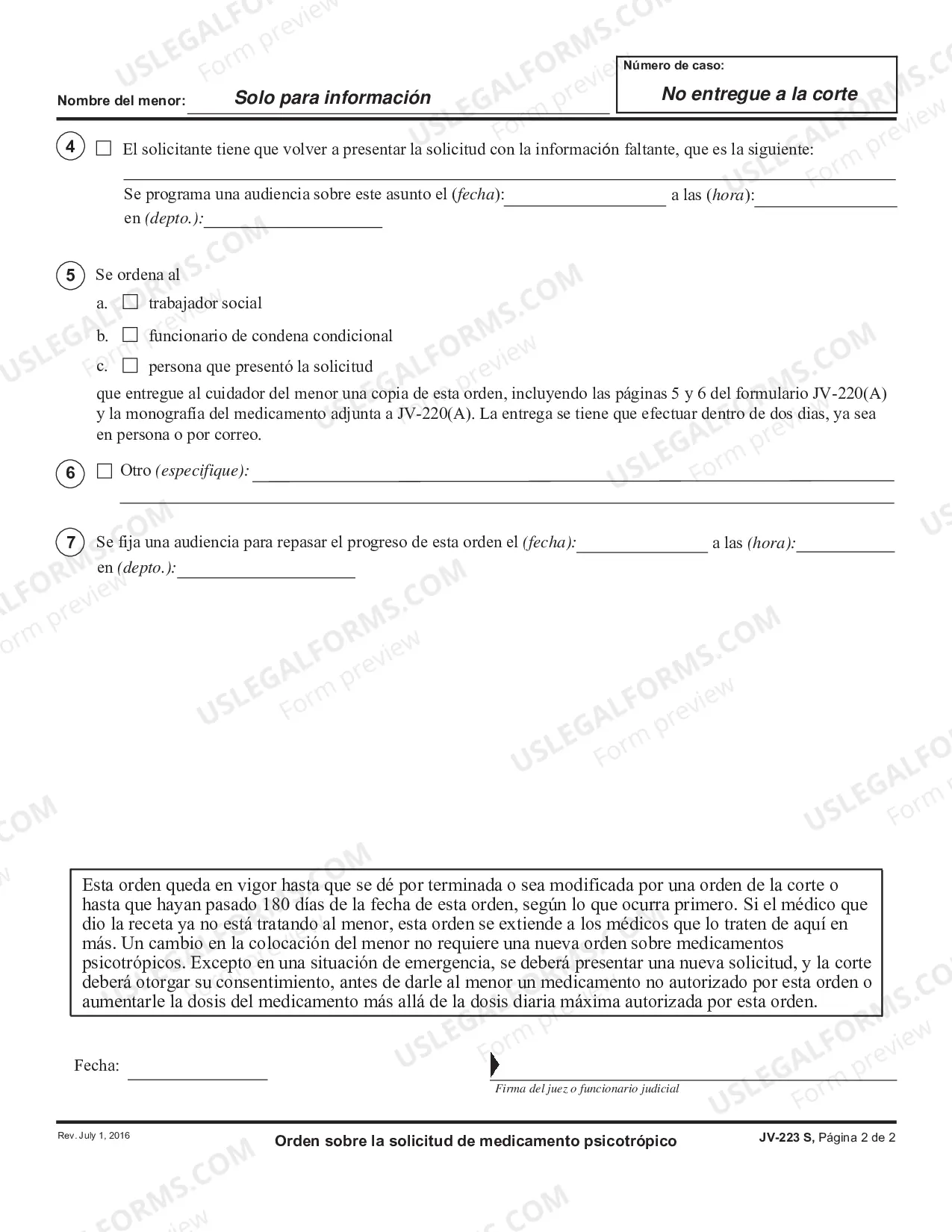 Preview Order Regarding Application for Psychotropic Medicine - Spanish