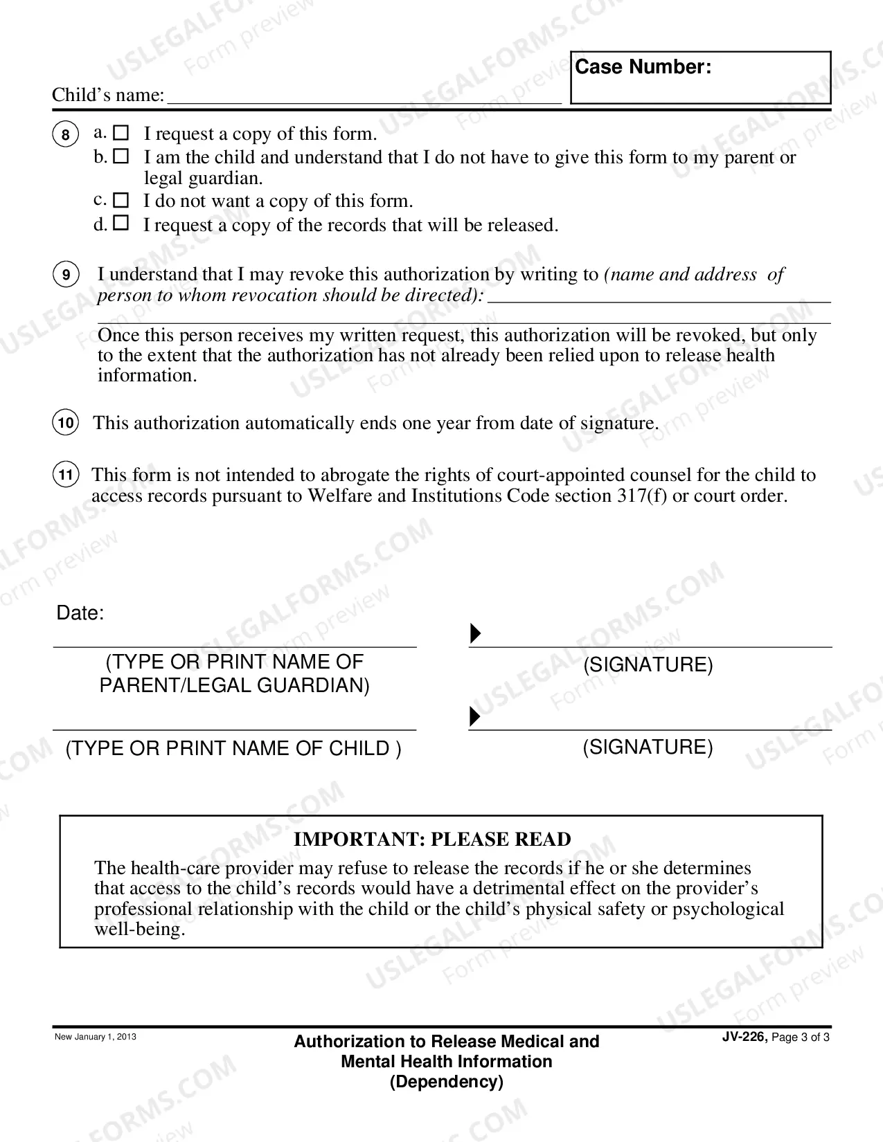Preview Authorization to Release Medical and Mental Health Information - Dependency