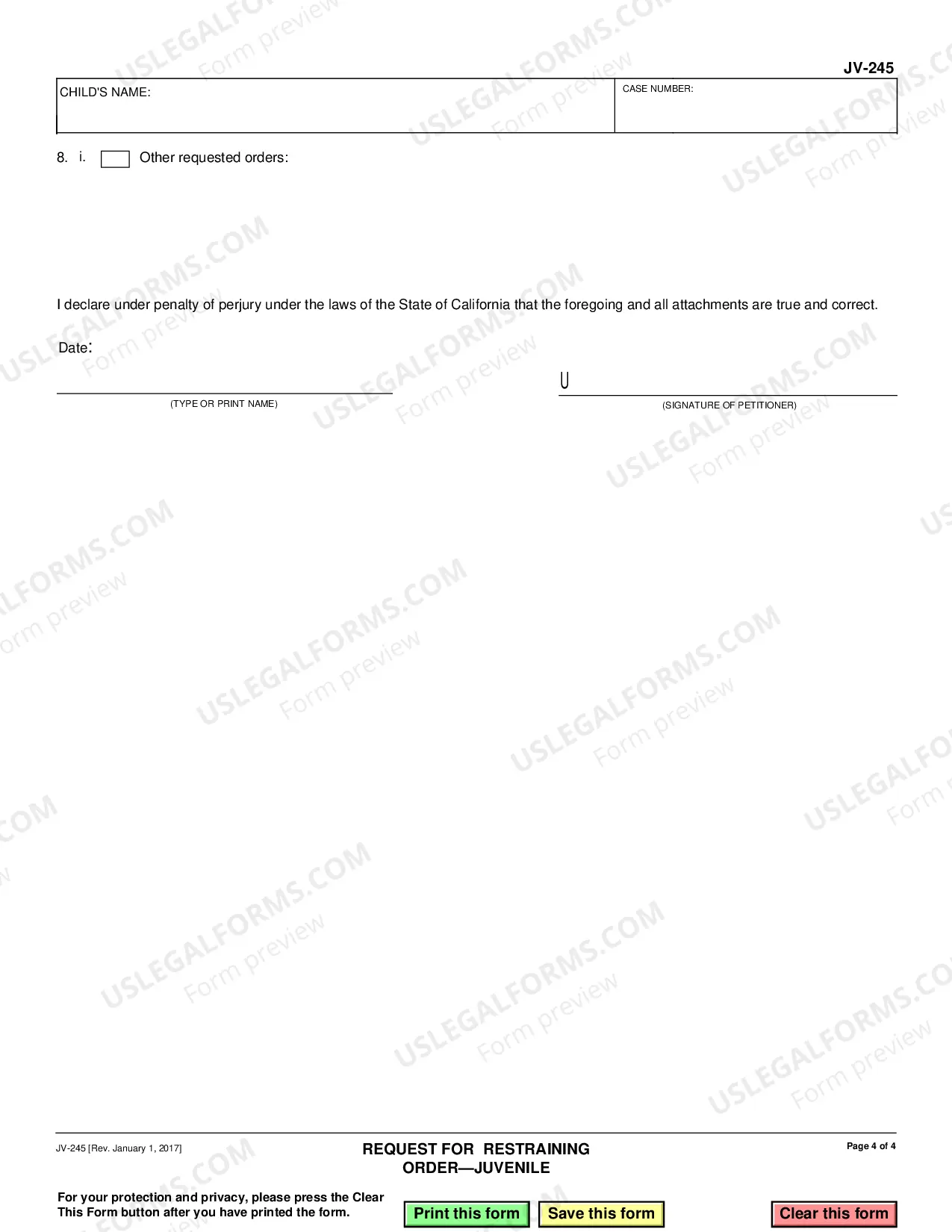 Preview Request for Restraining Order - Juvenile