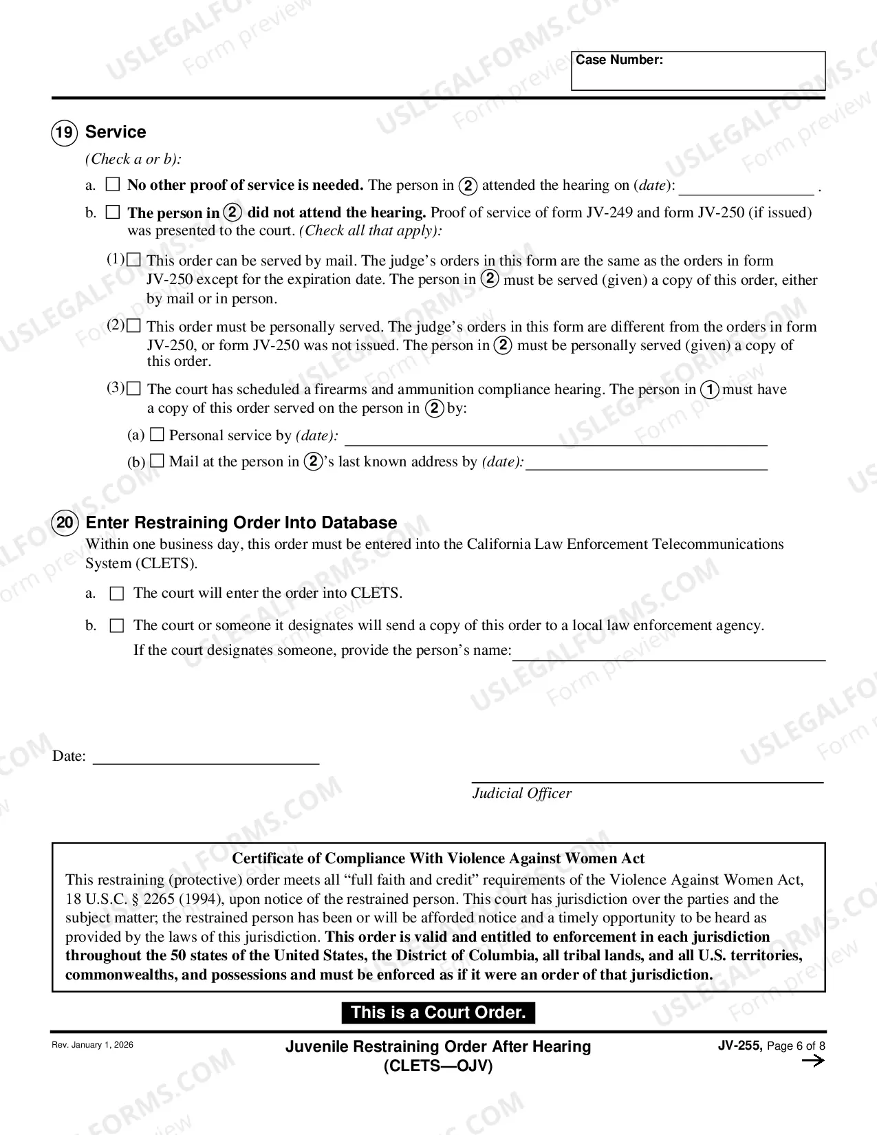 Preview Restraining Order - Juvenile - CLETS - JUV