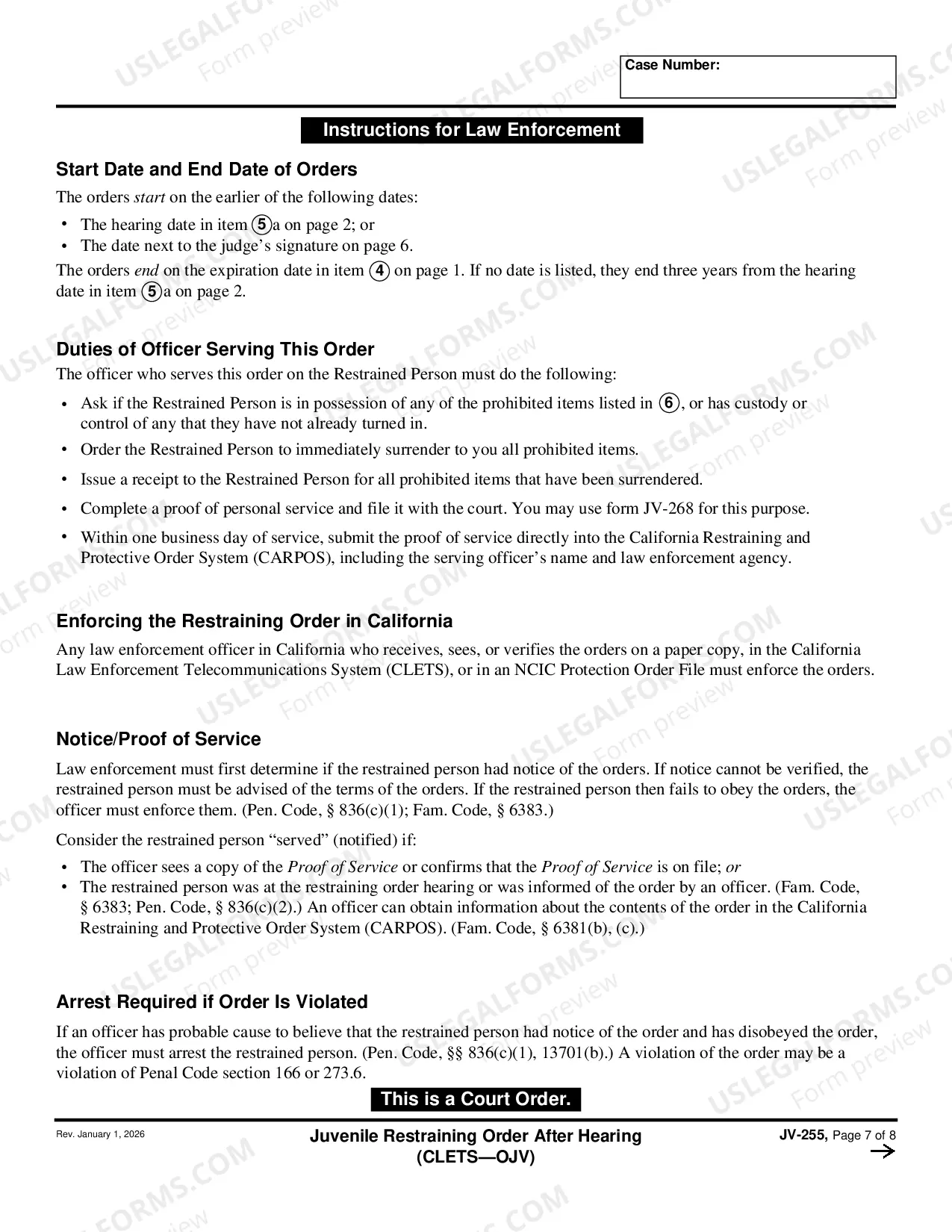 Preview Restraining Order - Juvenile - CLETS - JUV