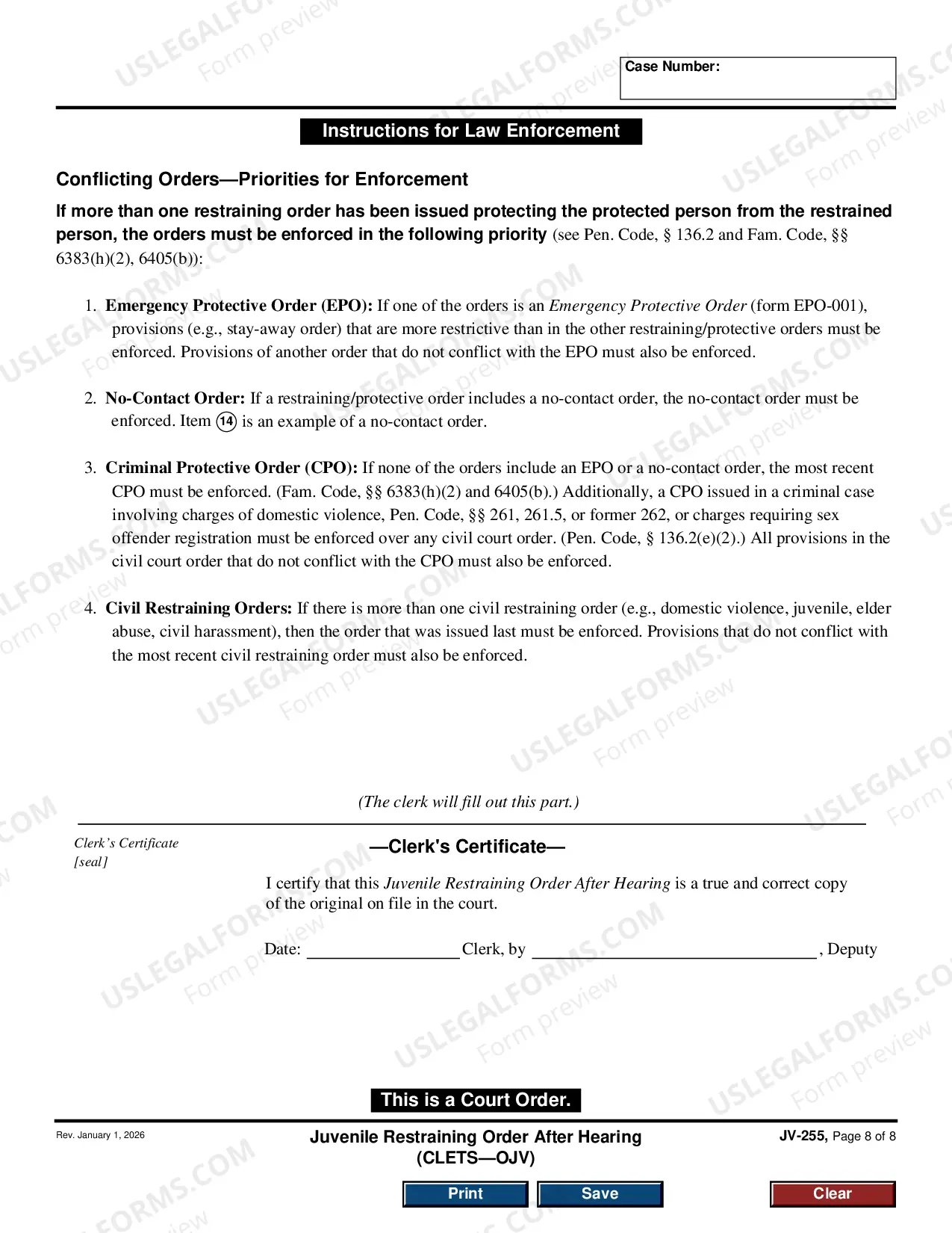 Preview Restraining Order - Juvenile - CLETS - JUV