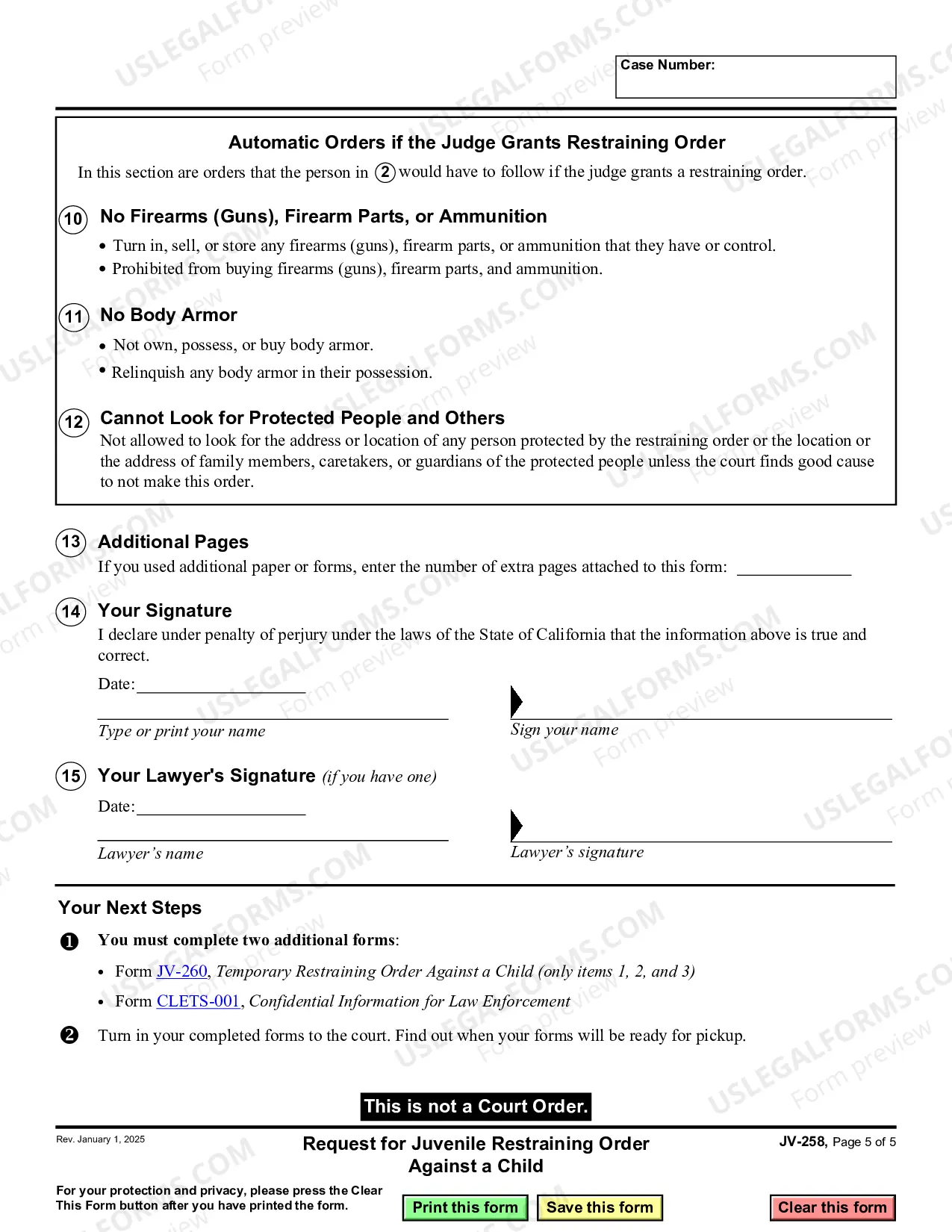 Preview Request for Juvenile Restraining Order against a Child