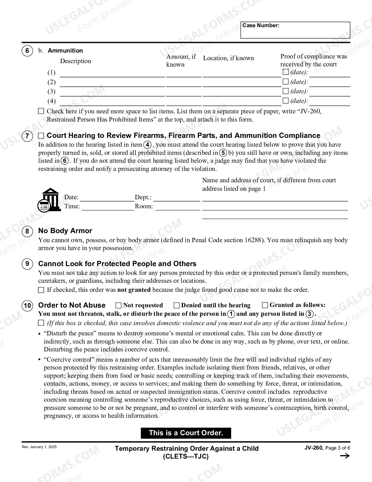 Preview Temporary Restraining Order against a Child - CLETS-TJC