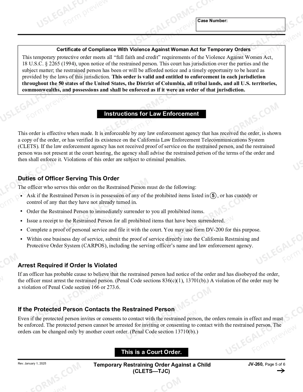 Preview Temporary Restraining Order against a Child - CLETS-TJC