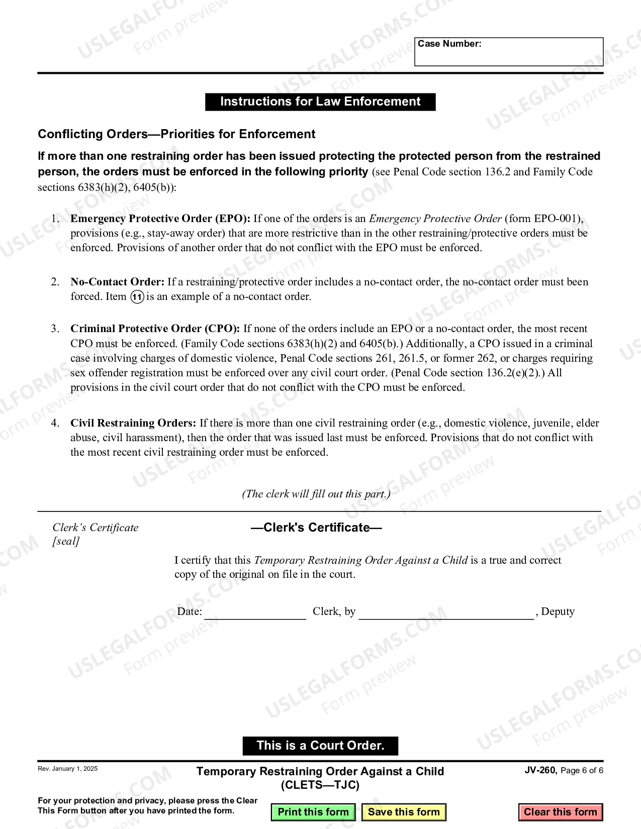 Preview Temporary Restraining Order against a Child - CLETS-TJC