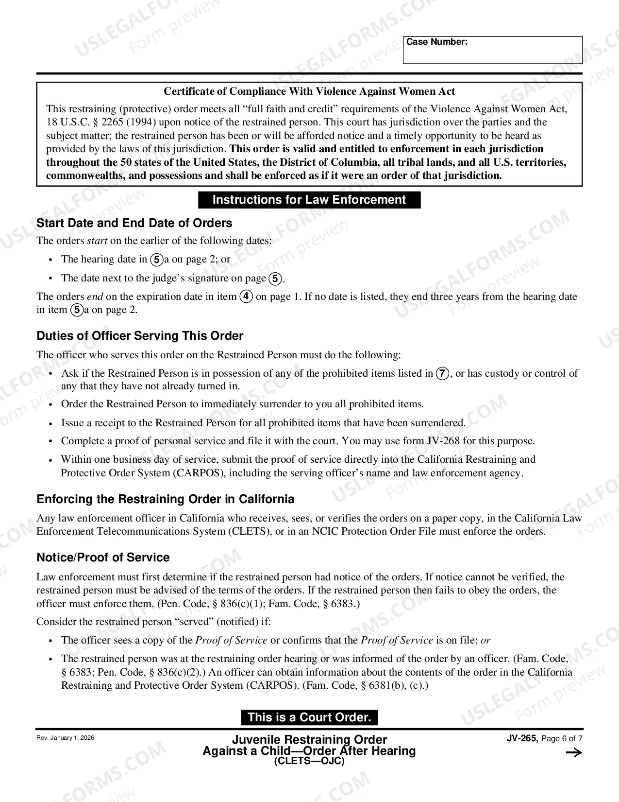 Preview Juvenile Restraining Order Against a Child - Order After Hearing