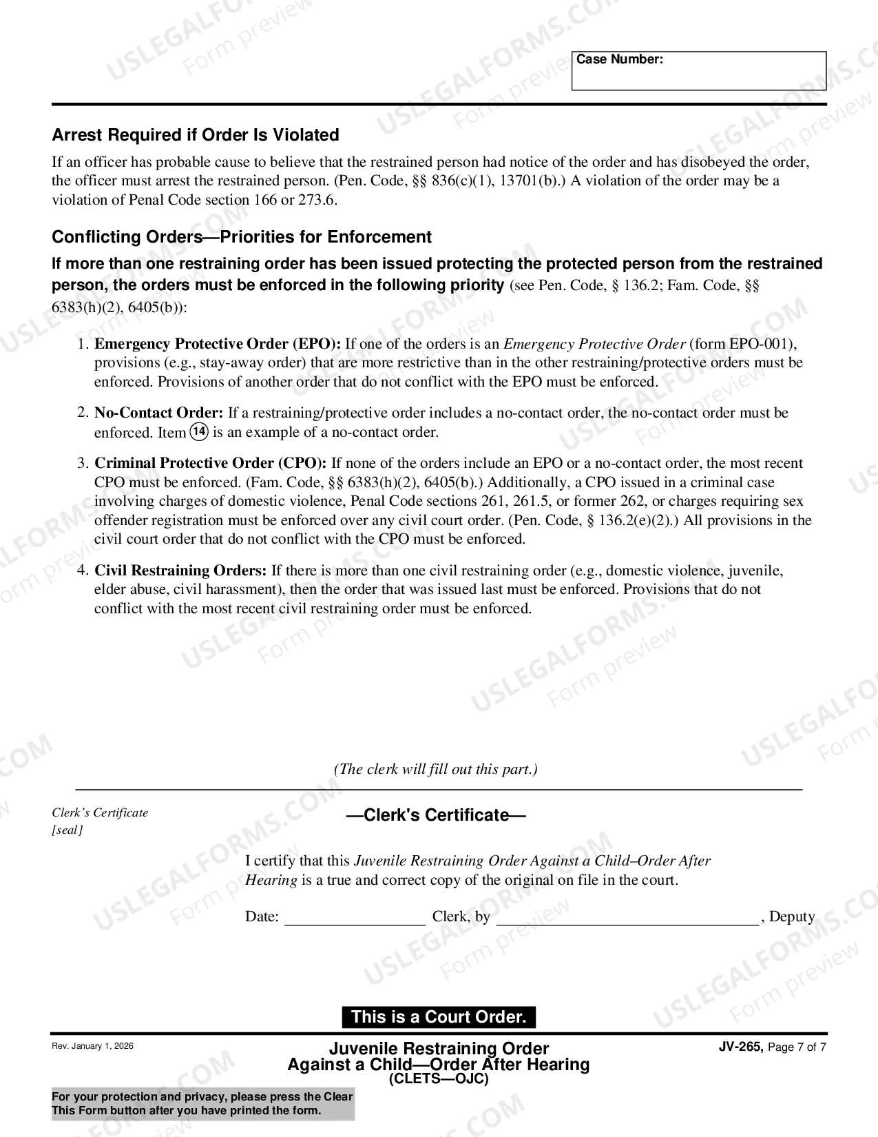 Preview Juvenile Restraining Order Against a Child - Order After Hearing