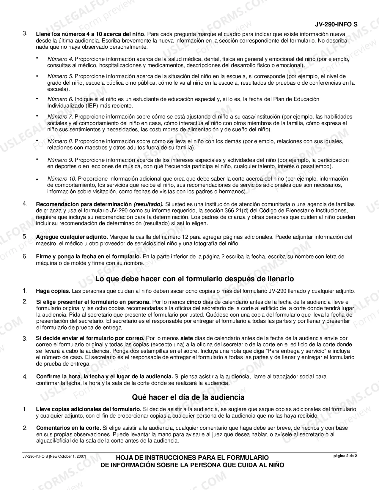 Preview Instruction Sheet for Caregiver Information Form (Spanish)