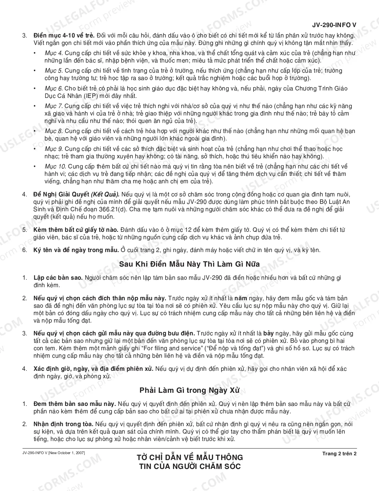 Preview Instruction Sheet for Caregiver Information Form (Vietnamese)