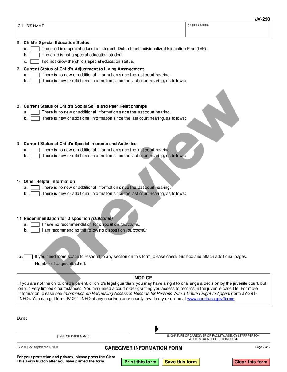 page 1 Caregiver Information Form preview