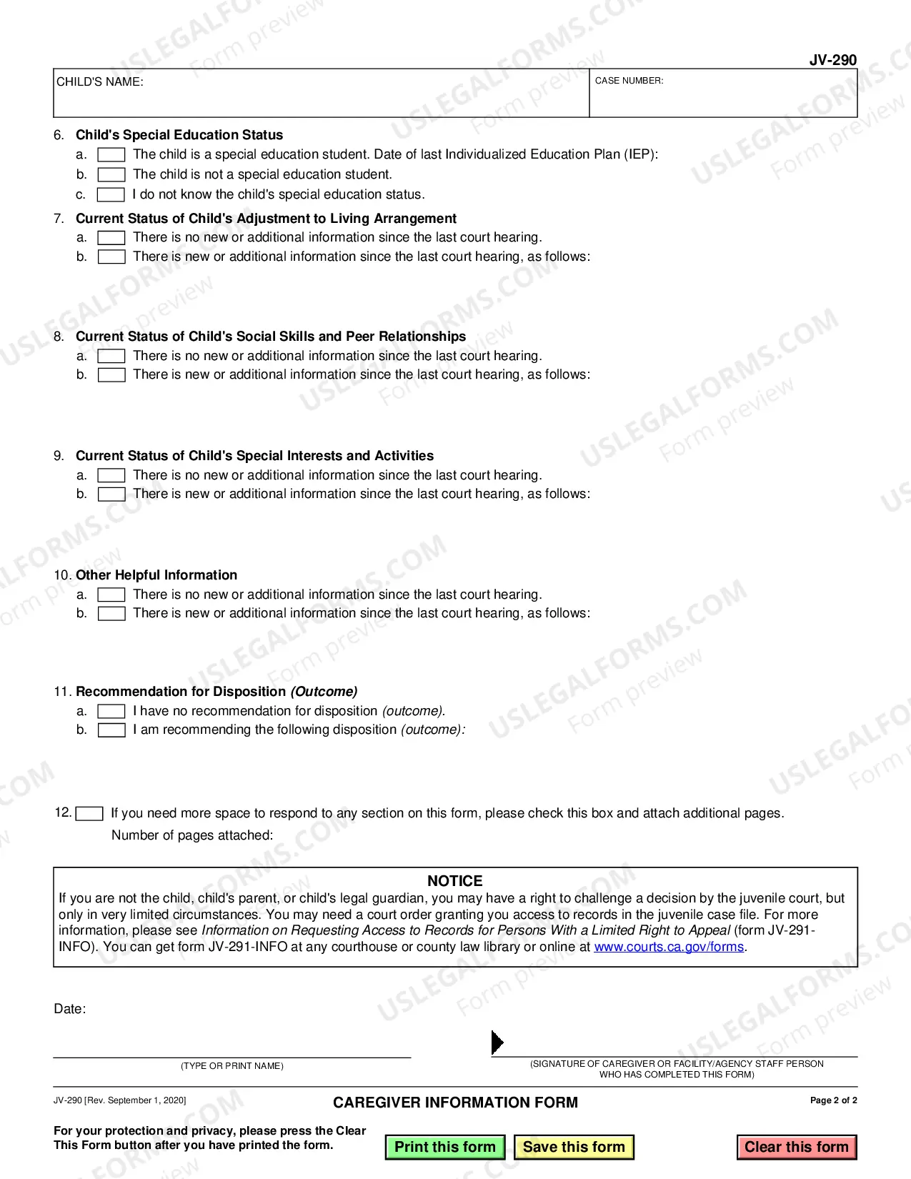 Preview Caregiver Information Form