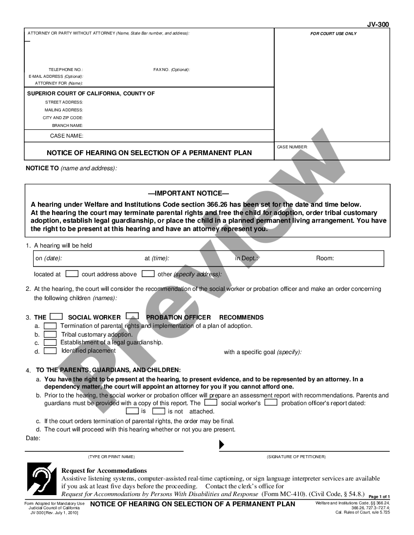 form Notice of Hearing on Selection of a Permanent Plan - Juvenile - Welfare and Institutions Code, Sec. 366.26 preview