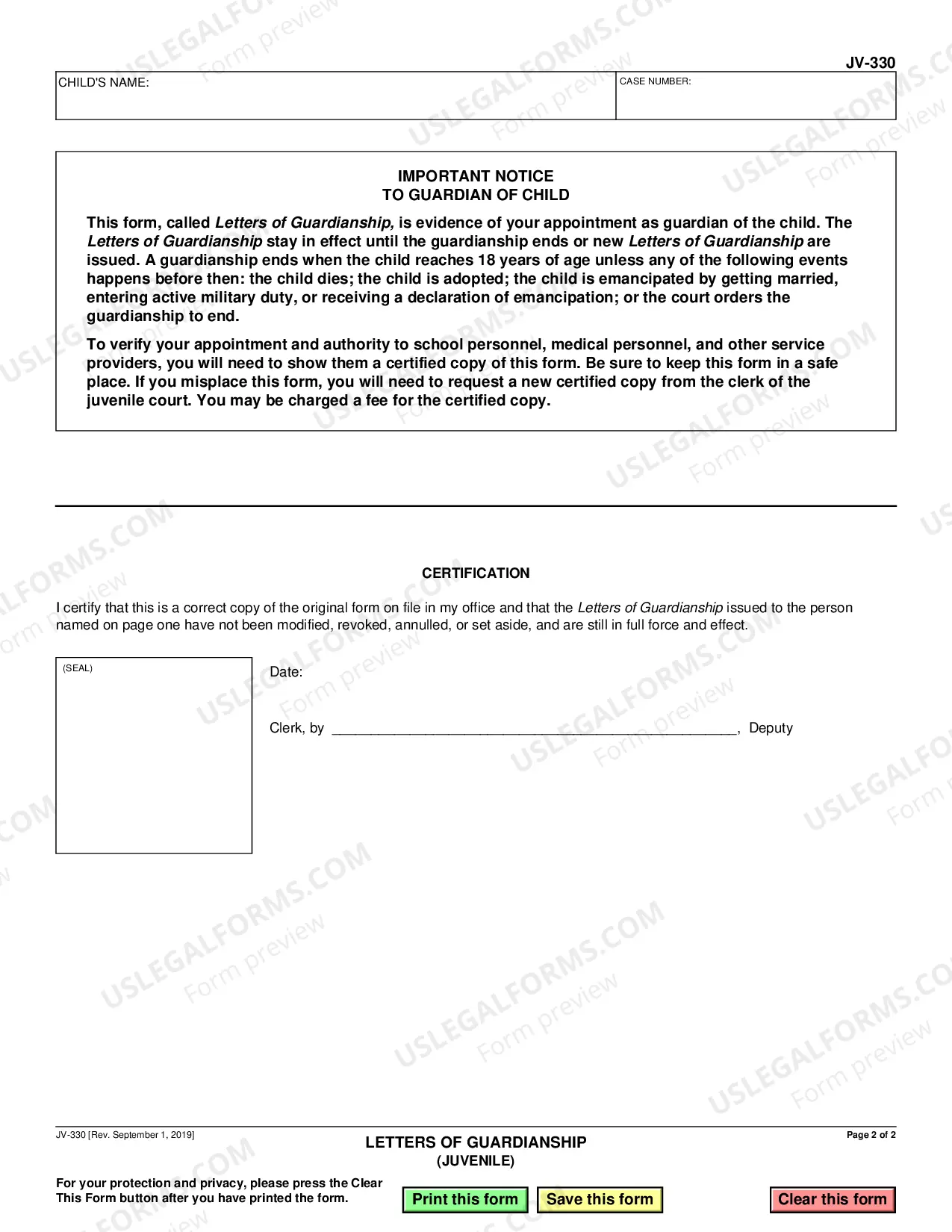 Preview Letters of Guardianship (Juvenile)