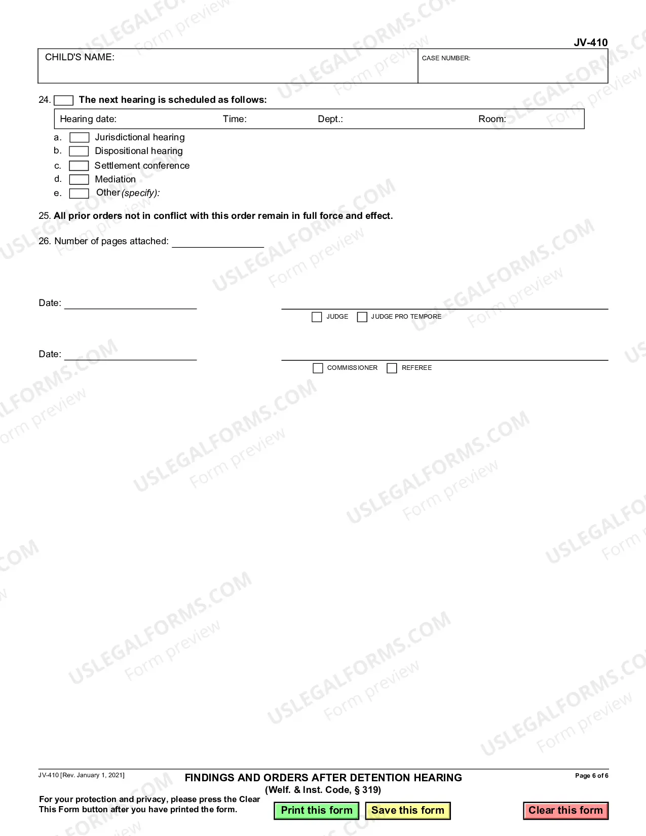 Preview Findings and Orders After Detention Hearing