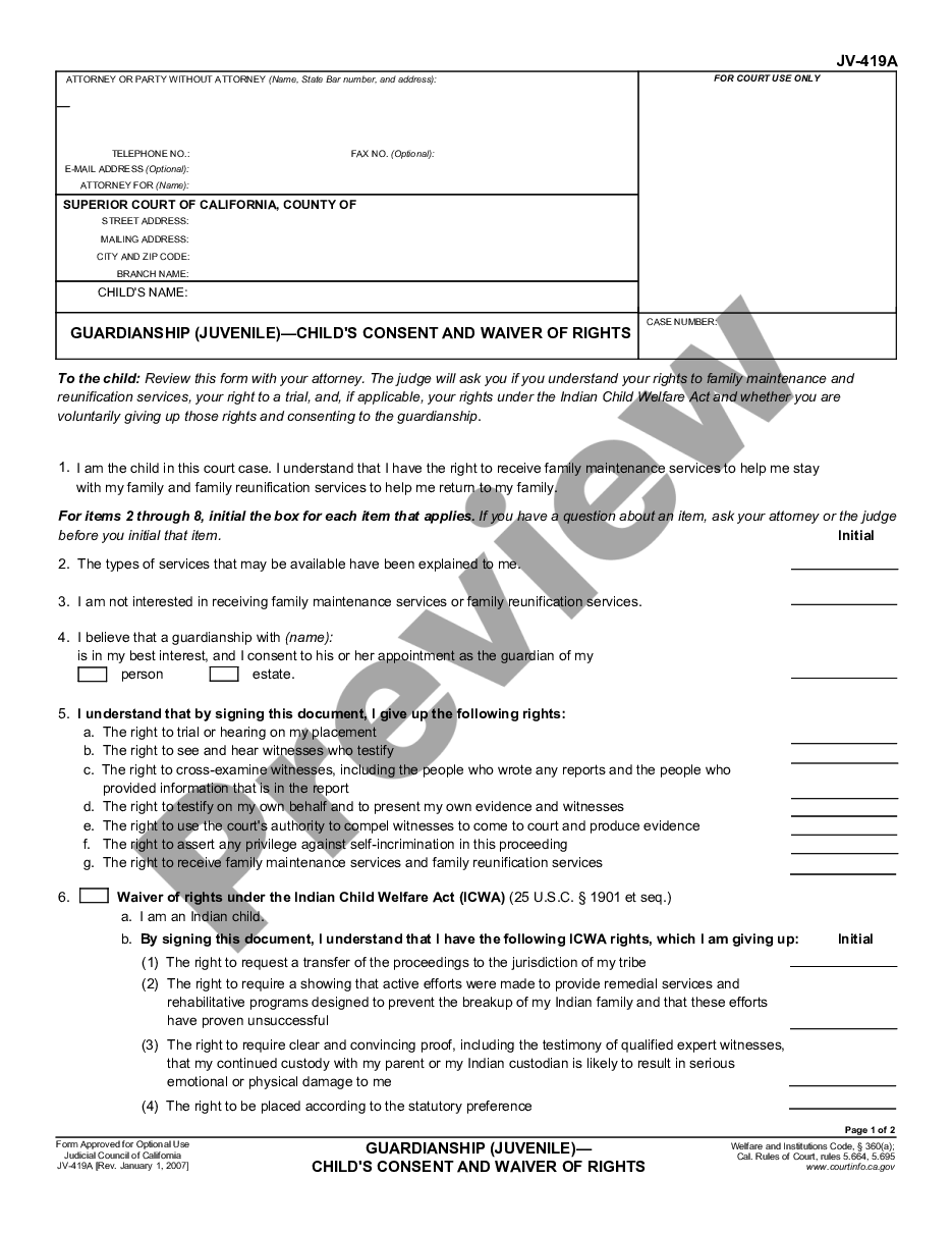 page 0 Guardianship (Juvenile) - Child's Consent and Waiver of Rights preview