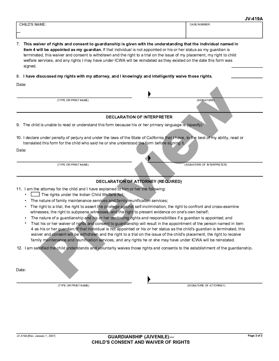 page 1 Guardianship (Juvenile) - Child's Consent and Waiver of Rights preview