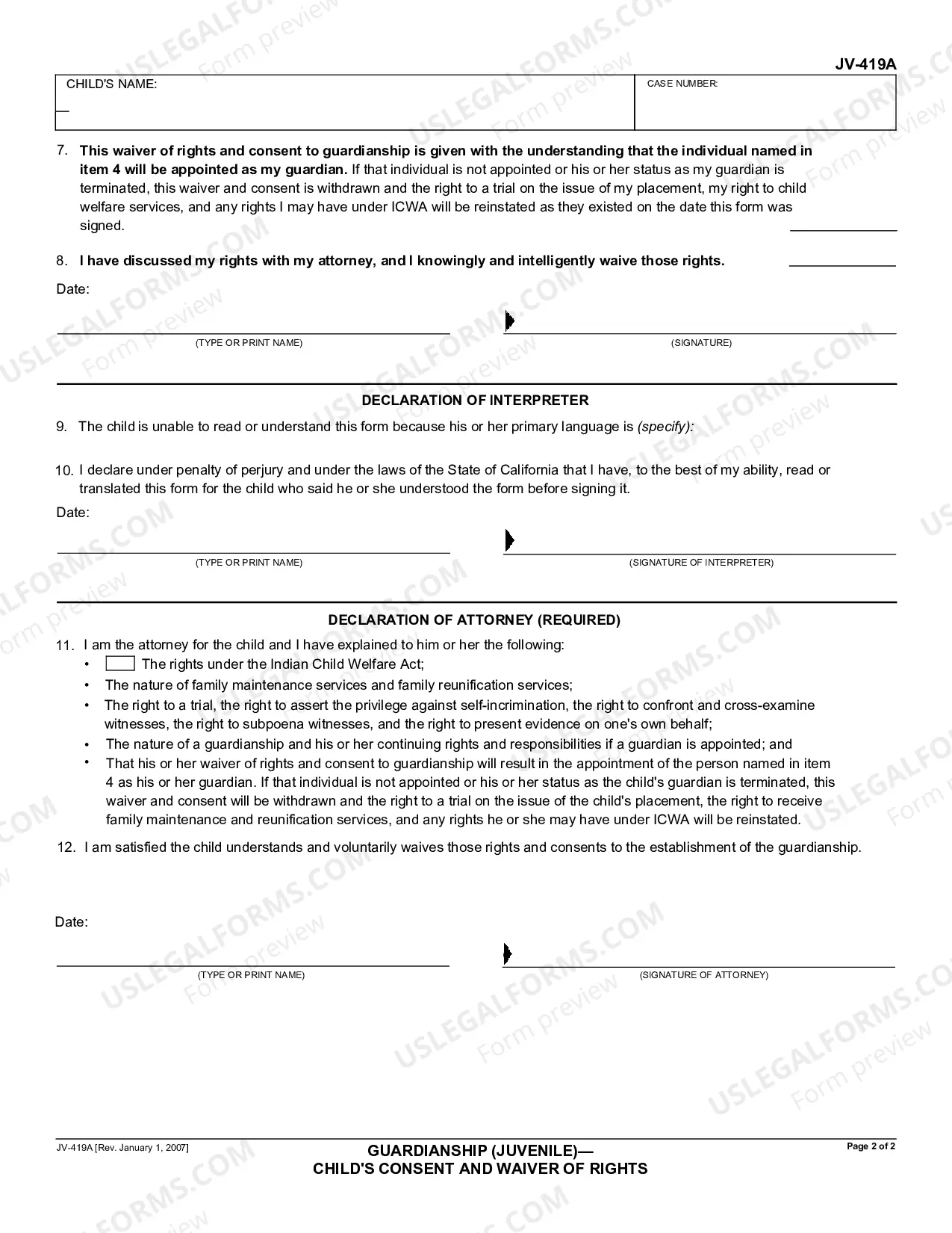 Preview Guardianship (Juvenile) - Child's Consent and Waiver of Rights