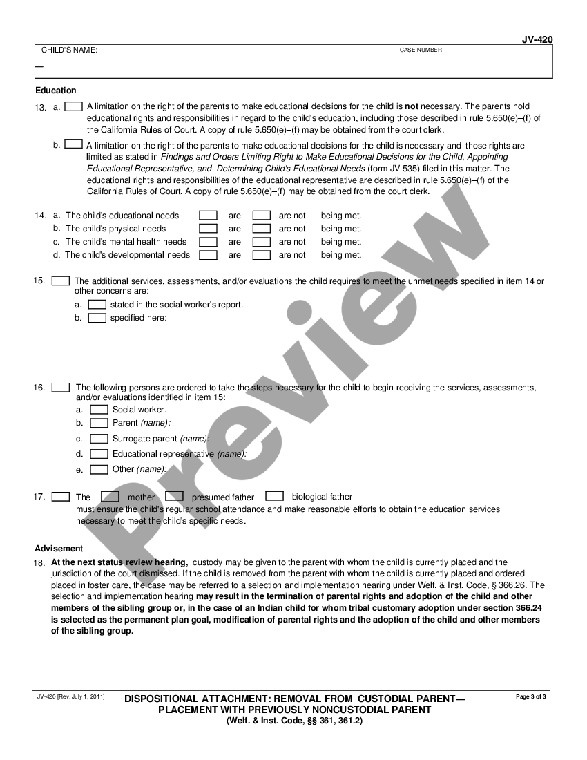 page 2 Dispositional Attachment - Removal from Custodial Parent - Placement with Previously Noncustodial Parent preview