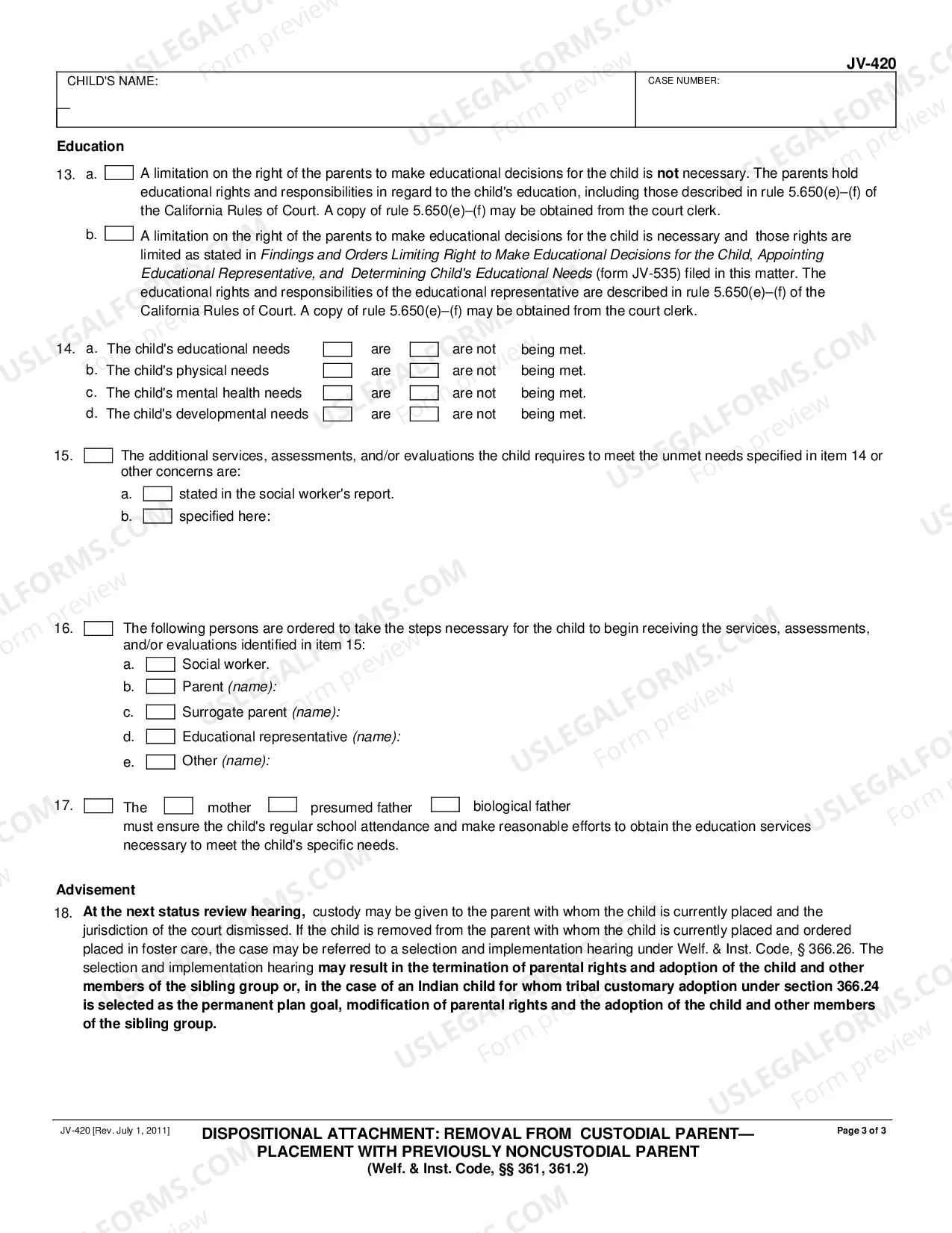 Preview Dispositional Attachment - Removal from Custodial Parent - Placement with Previously Noncustodial Parent