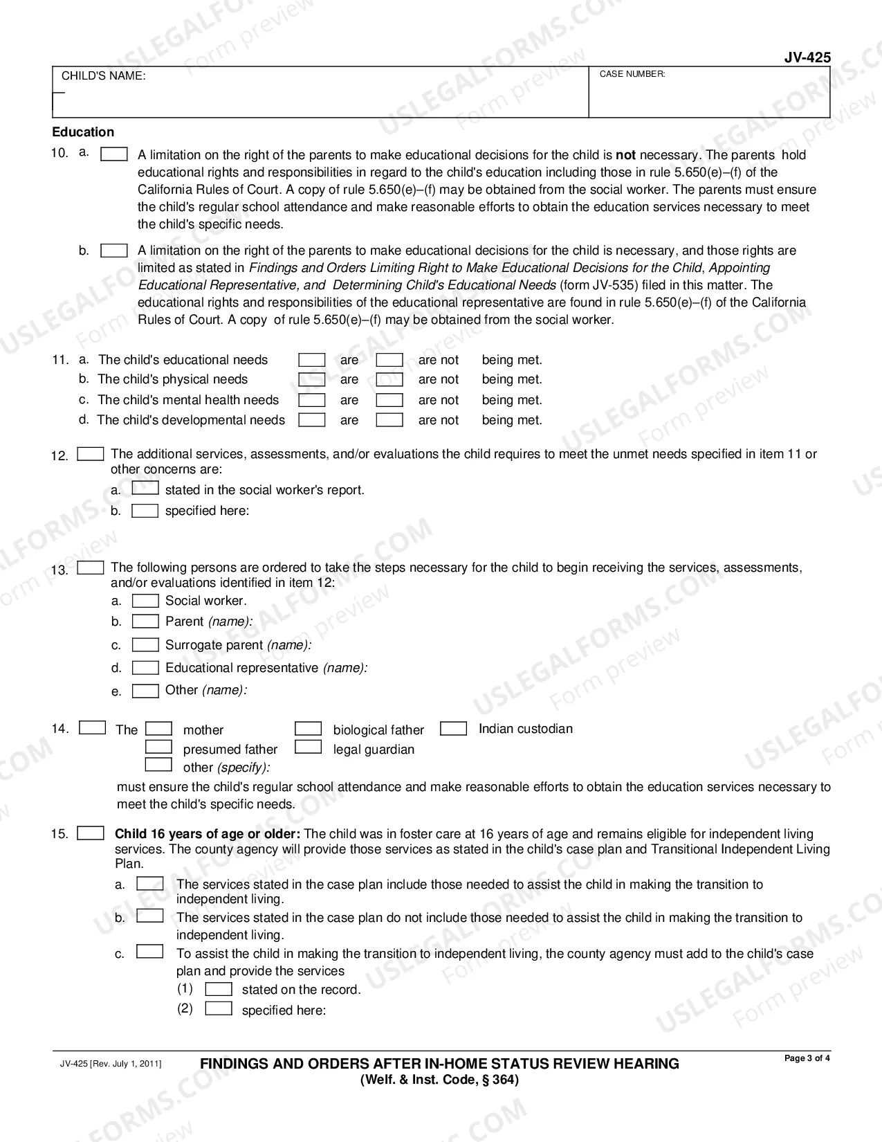 Preview Findings and Orders After In-Home Status Review Hearing