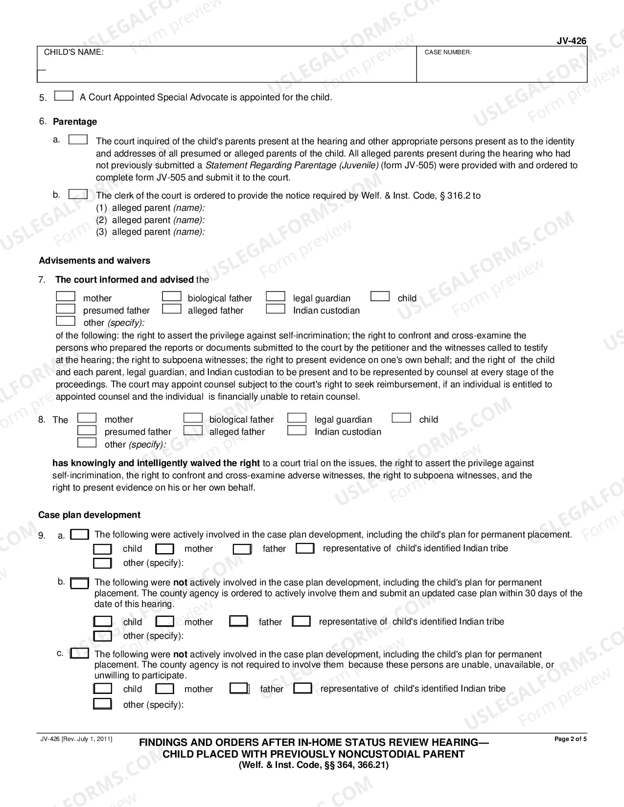 Preview Findings and Orders After In-Home Status Review Hearing - Child Placed With Previously Noncustodial Parent