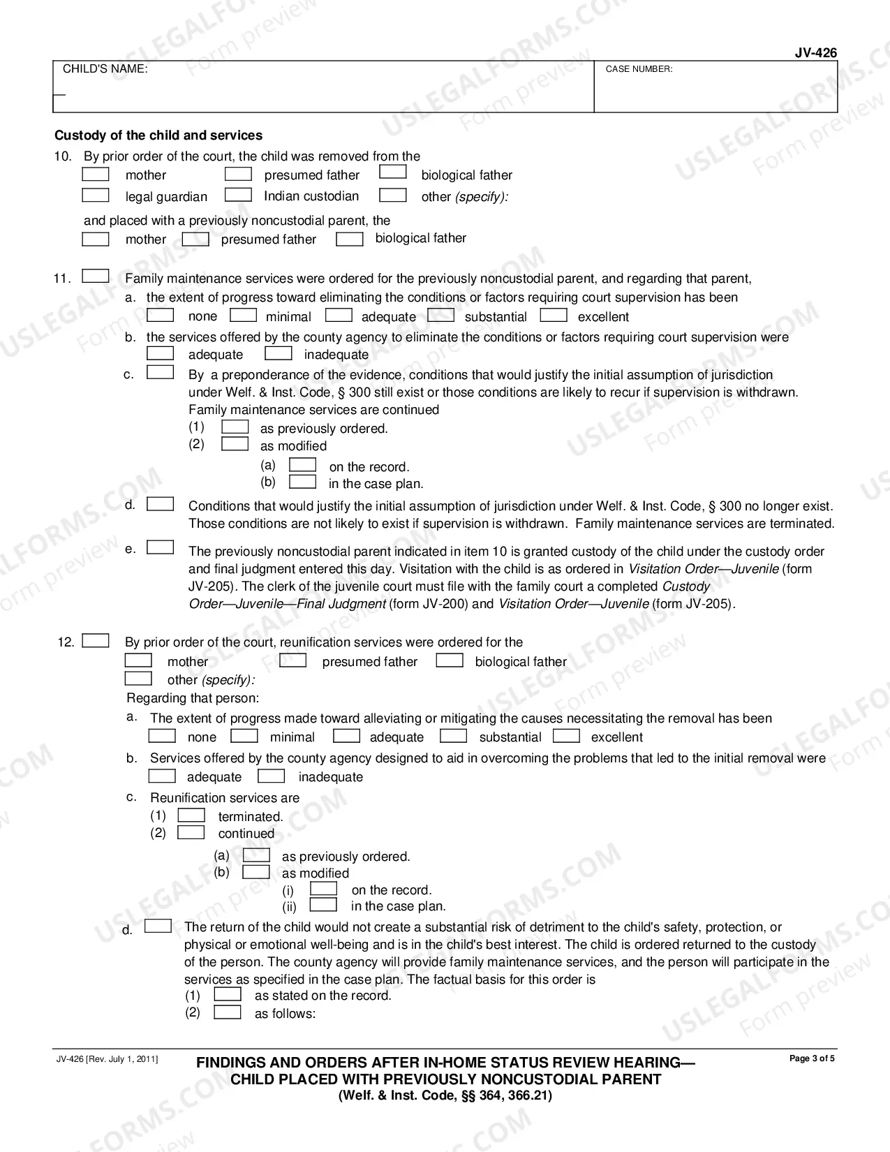Preview Findings and Orders After In-Home Status Review Hearing - Child Placed With Previously Noncustodial Parent