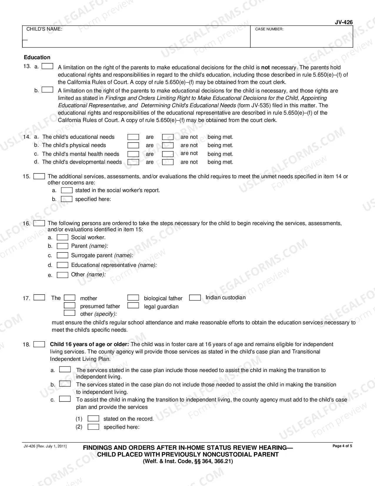 Preview Findings and Orders After In-Home Status Review Hearing - Child Placed With Previously Noncustodial Parent