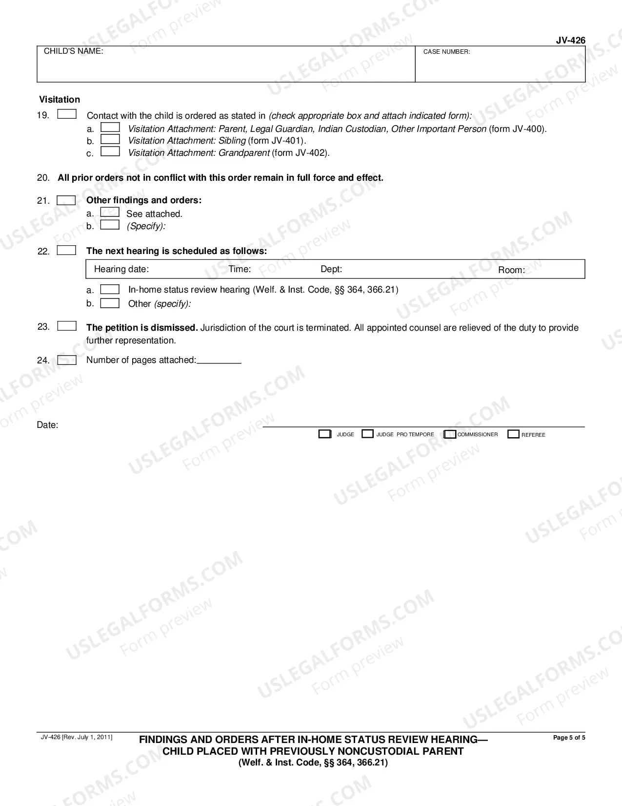Preview Findings and Orders After In-Home Status Review Hearing - Child Placed With Previously Noncustodial Parent