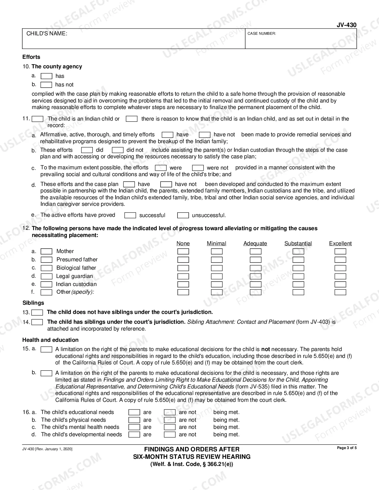 Preview Findings and Orders After Six-Month Prepermanency Hearing