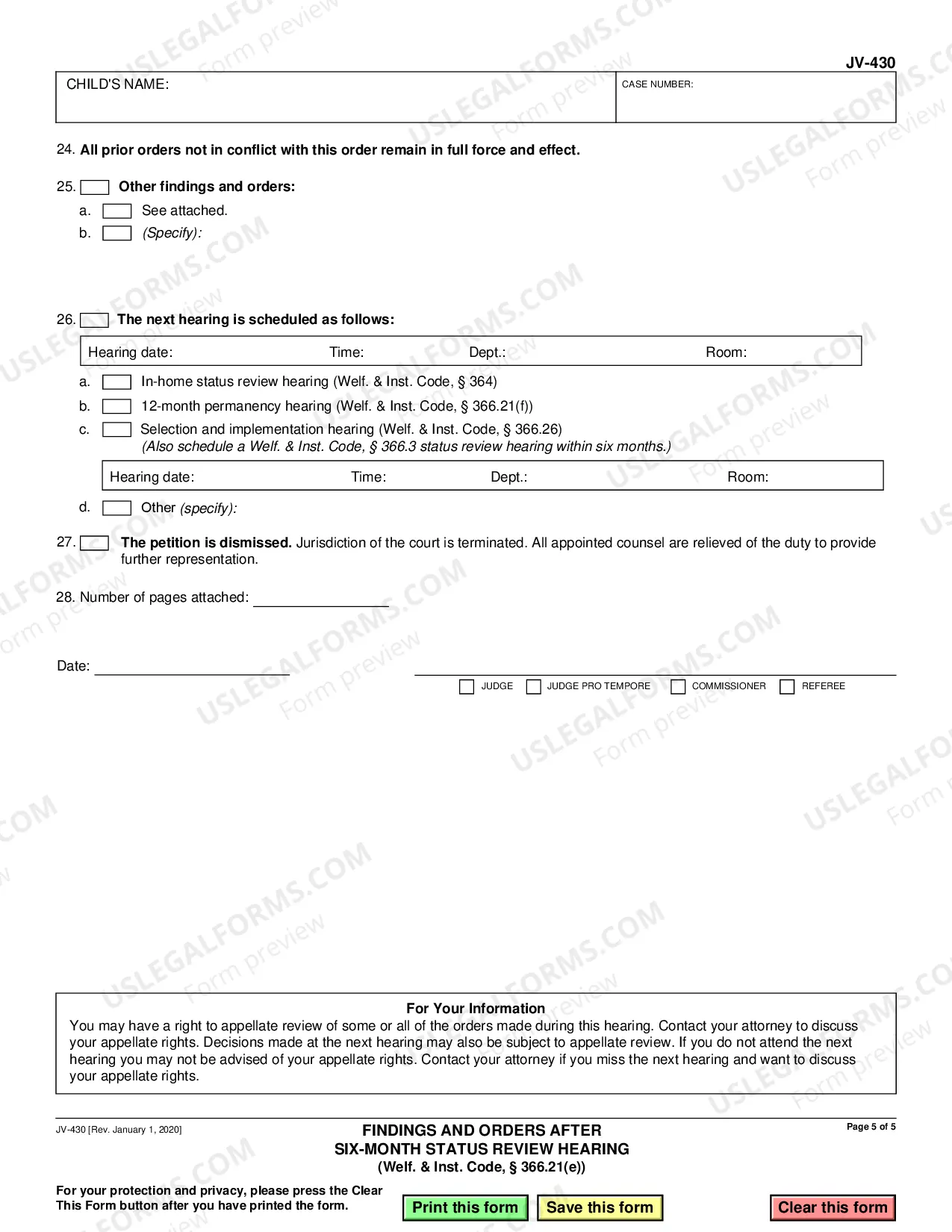 Preview Findings and Orders After Six-Month Prepermanency Hearing