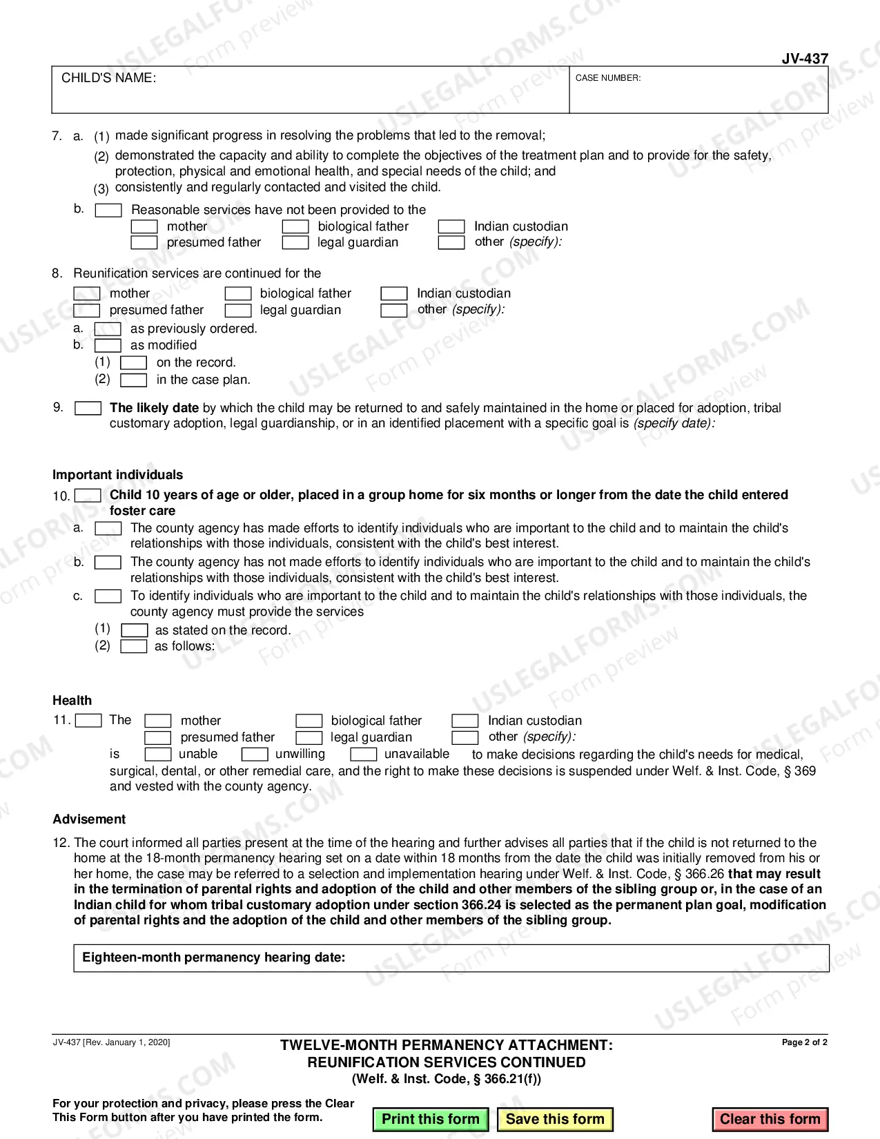 Preview Twelve-Month Permanency Attachment - Reunification Services Continued