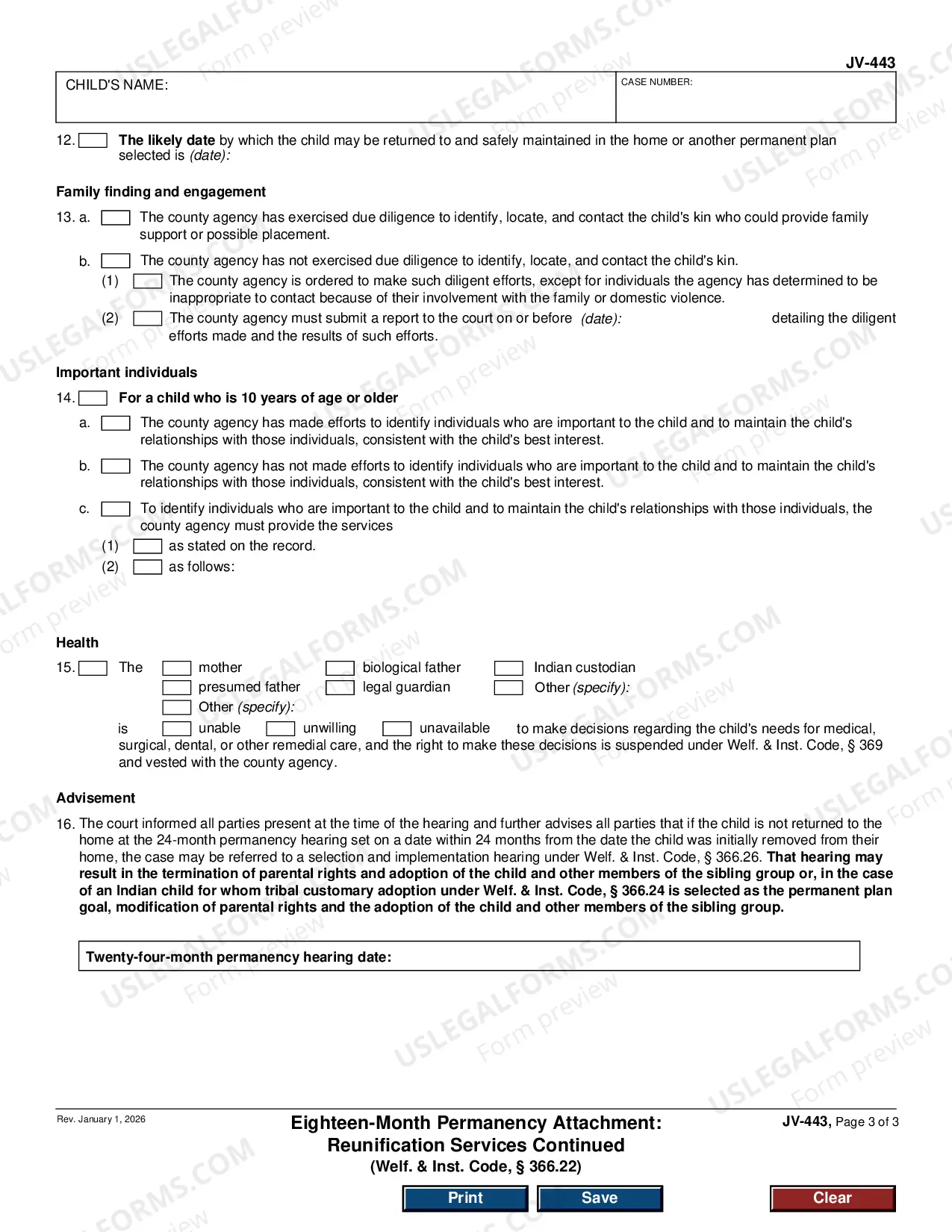 Preview Eighteen Month Permanency Attachment - Reunification Services Continued - Welf. & Inst. Code 366.22