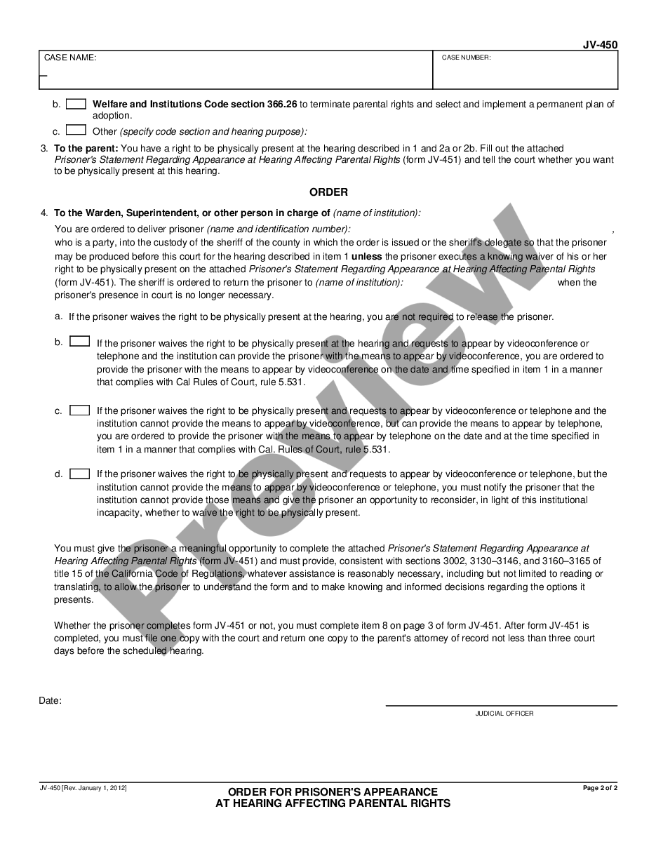 page 1 Order for Prisoner's Appearance at Hearing Affecting Prisoner's Parental Rights  preview