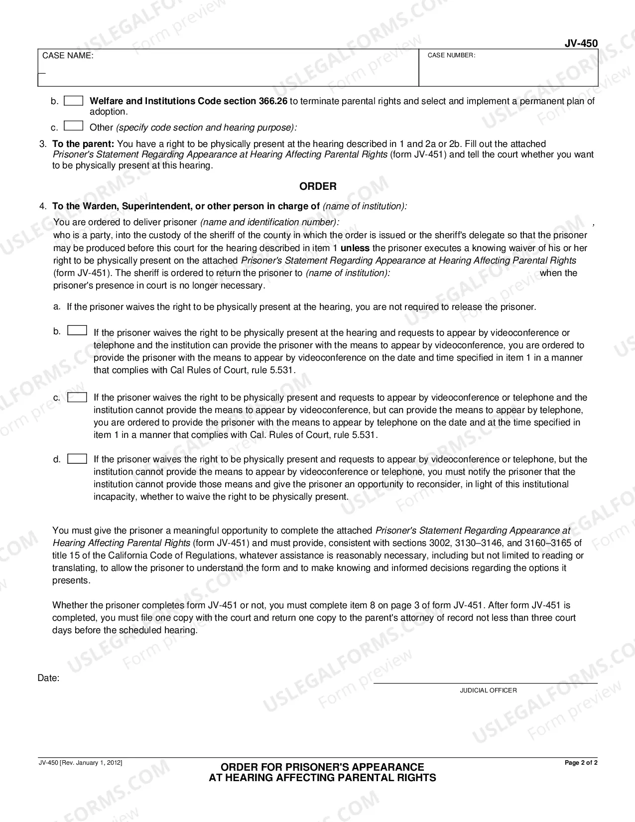 Preview Order for Prisoner's Appearance at Hearing Affecting Prisoner's Parental Rights