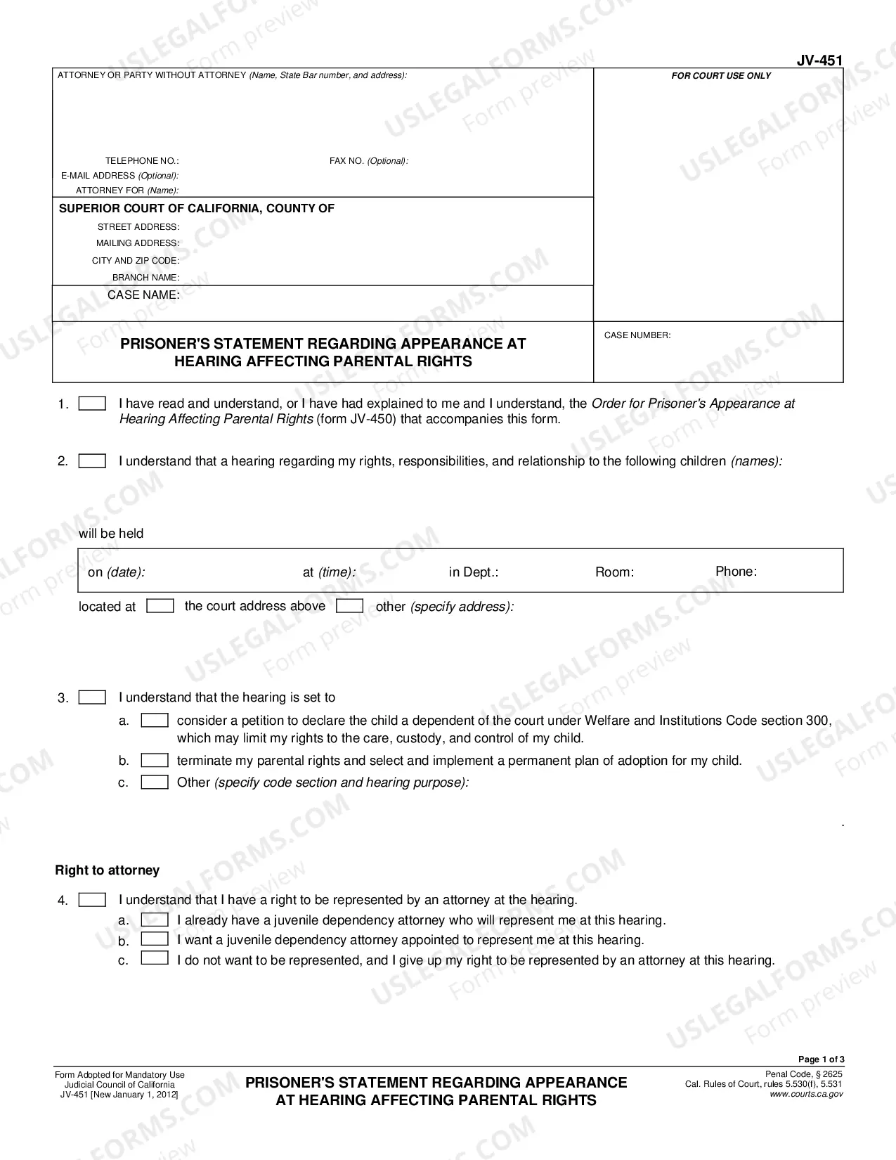 Preview Prisoner's Statement Regarding Appearance at Hearing Affecting Parental Rights