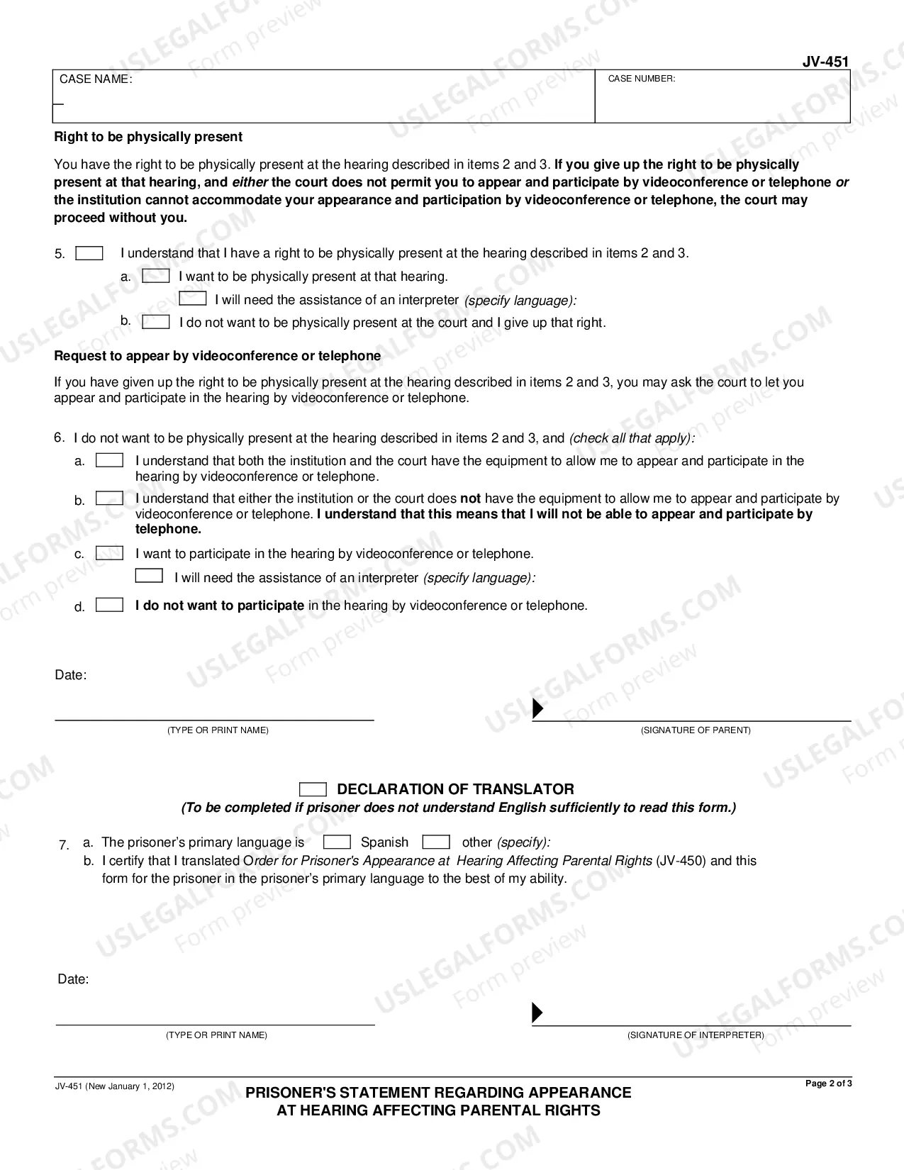Preview Prisoner's Statement Regarding Appearance at Hearing Affecting Parental Rights