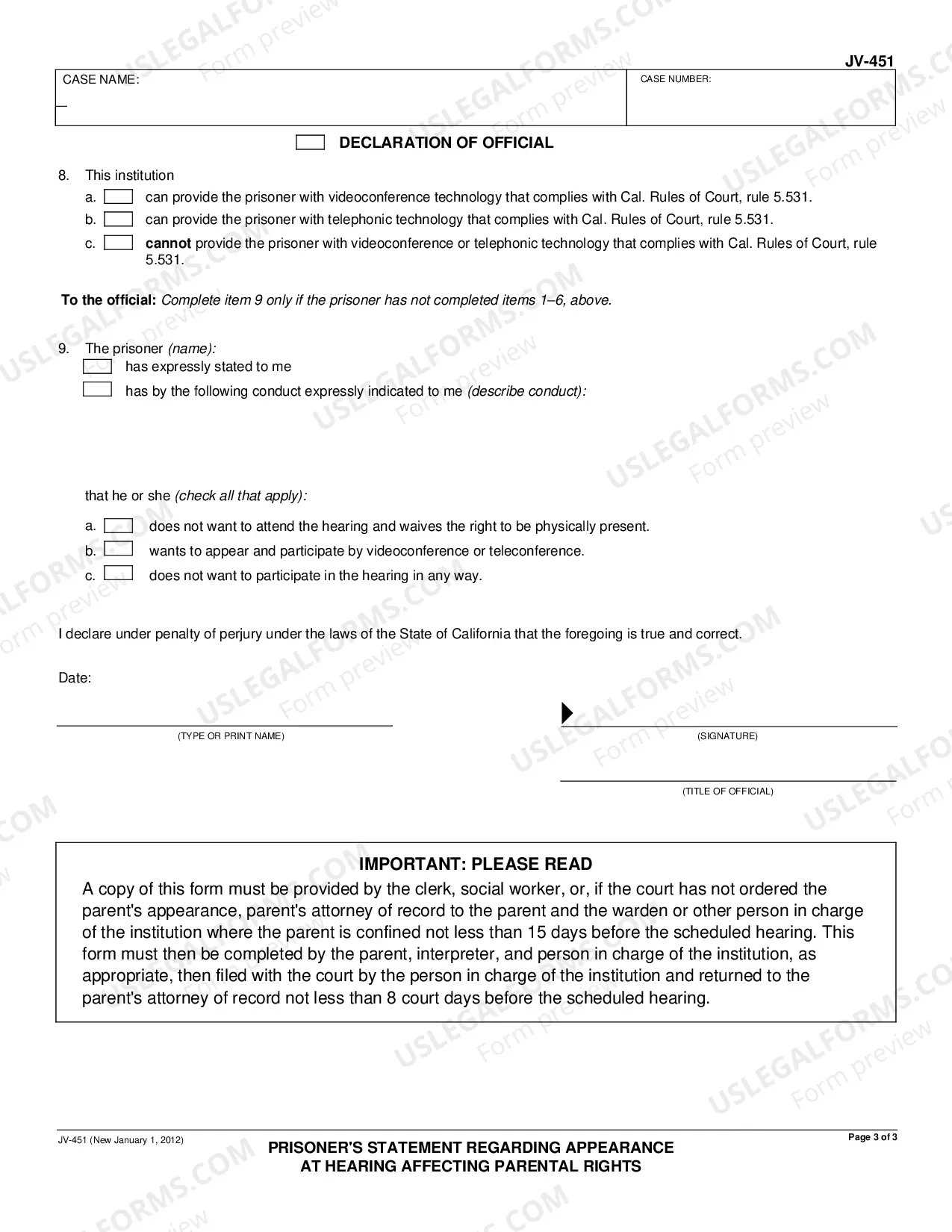 Preview Prisoner's Statement Regarding Appearance at Hearing Affecting Parental Rights