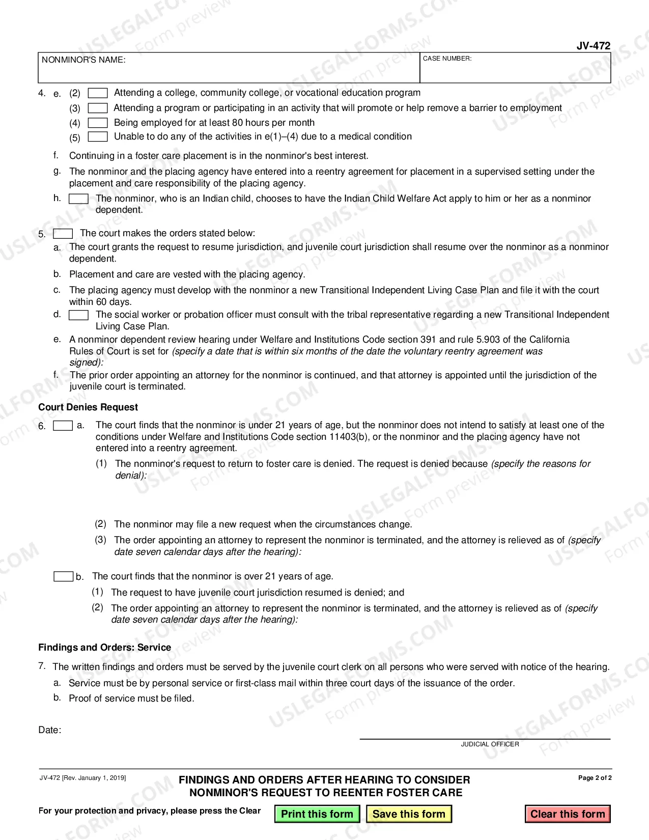 Preview Findings and Order after Hearing to Consider Nonminor's Request to Reenter Foster Care