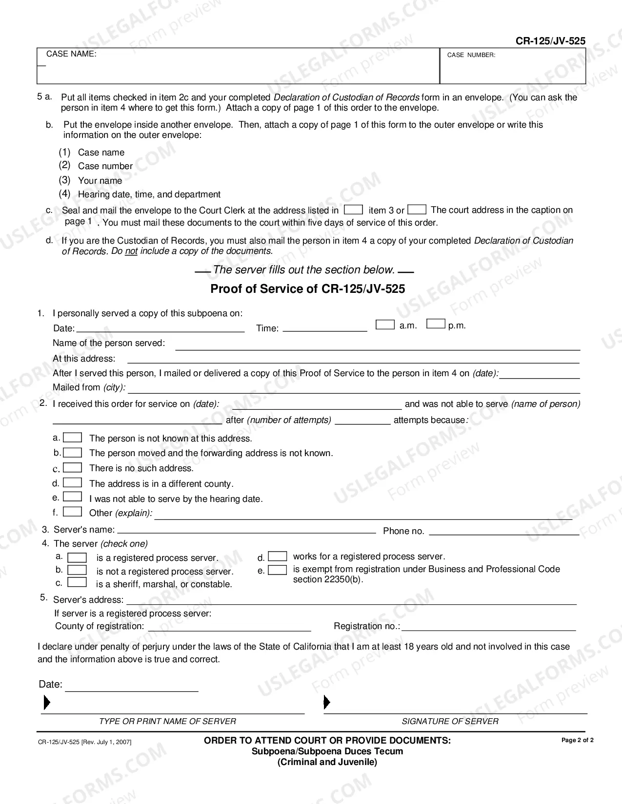 Preview Order to Attend Court or Provide Documents - Subpoena / Subpoena Duces Tecum - Juvenile Court