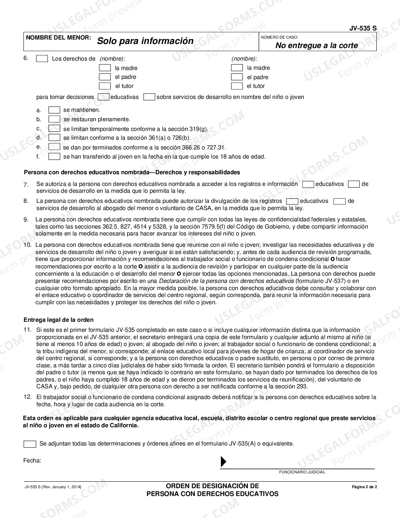 Preview Order Designating Educational Rights Holder - Spanish