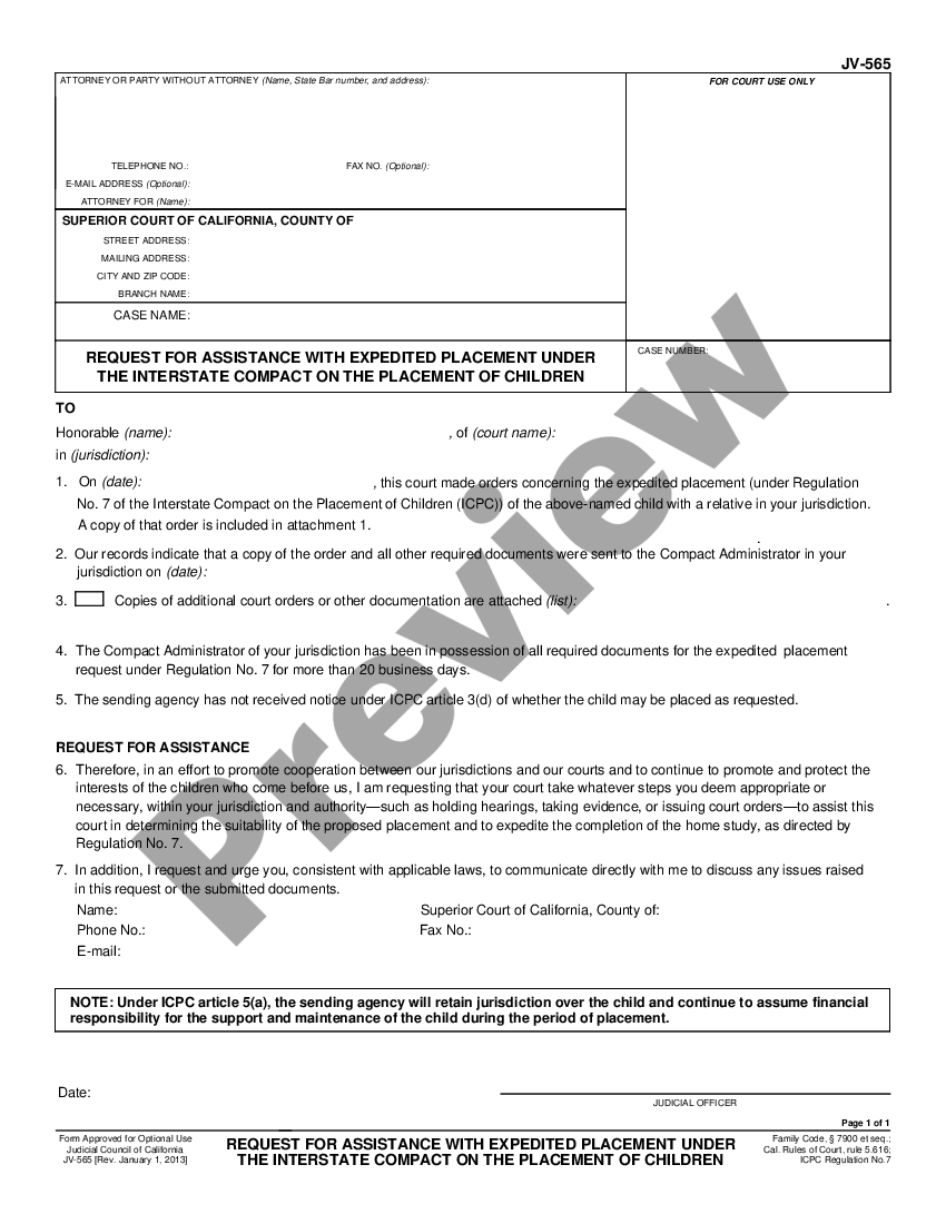 form Findings and Request for Assistance Under Interstate Compact on Placement of Children preview