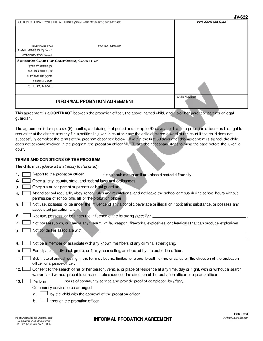 California Informal Probation Agreement - Informal Probation | US Legal ...