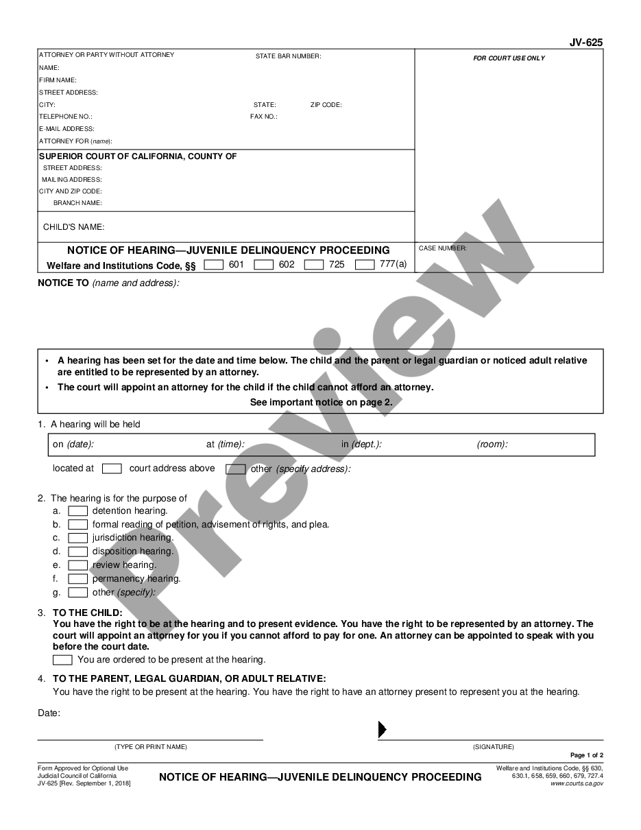 form Notice of Hearing - Juvenile Delinquency Proceeding preview