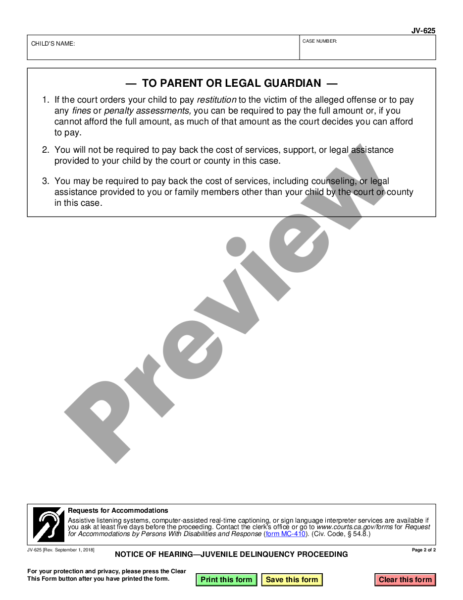 form Notice of Hearing - Juvenile Delinquency Proceeding preview