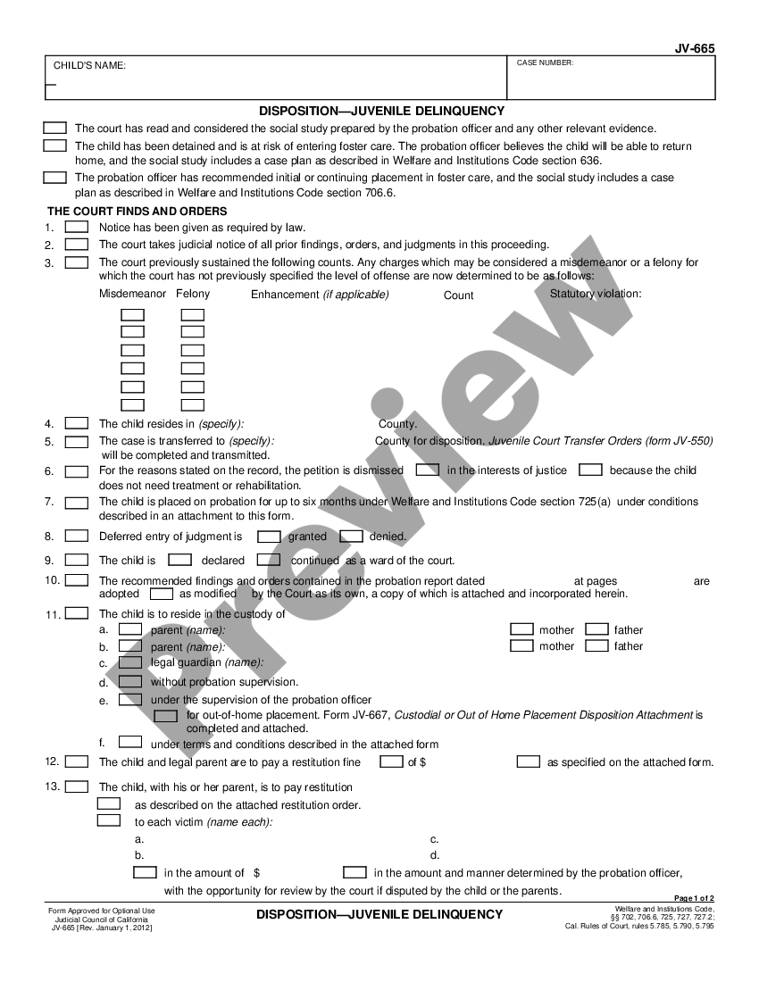 California Disposition Juvenile Delinquency US Legal Forms