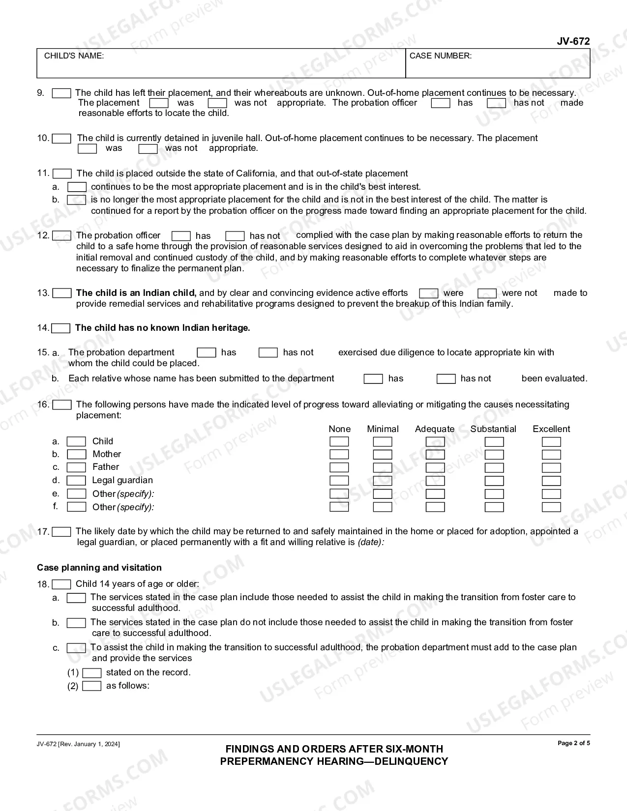 Preview Findings and Orders after Six Month Prepermanency Hearing - Delinquency